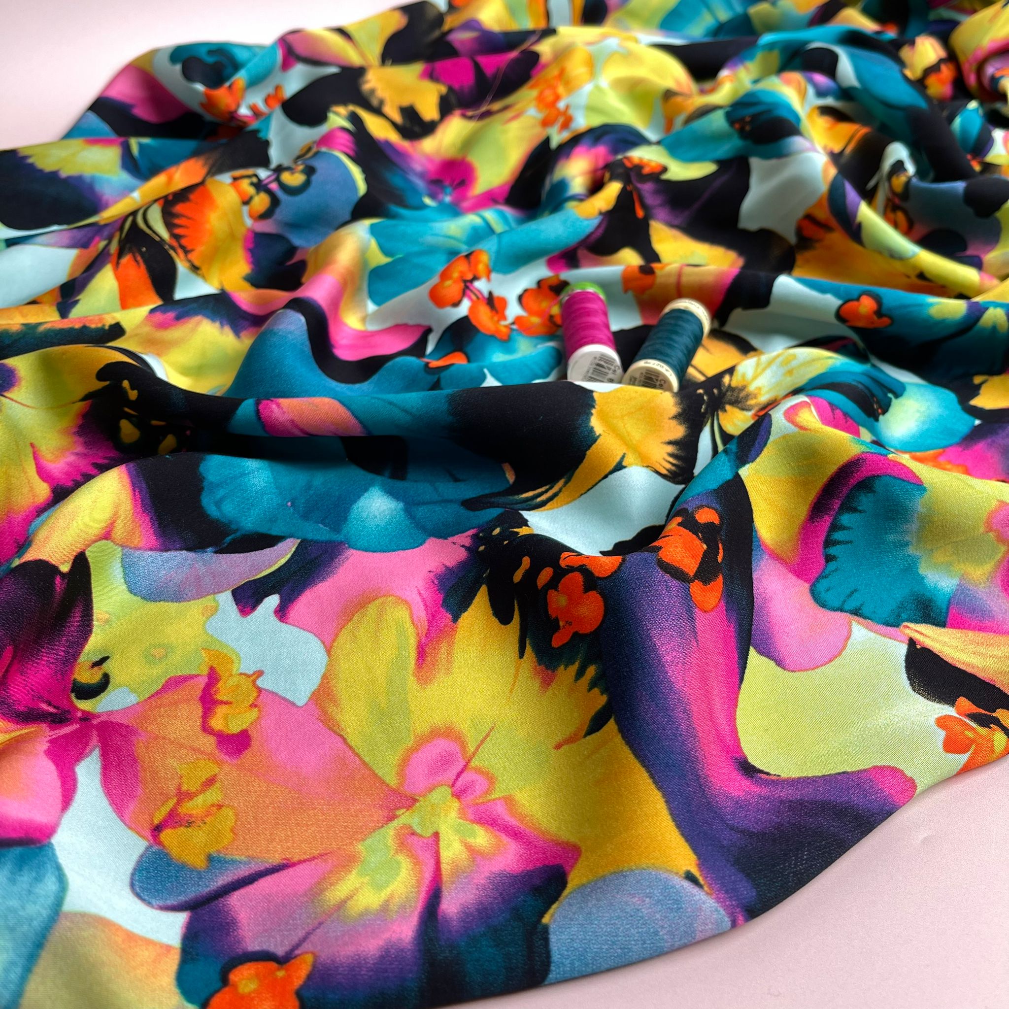 REMNANT 1.00 Metre - Vibrant Blooms in Turquoise and Pink Viscose Sateen Fabric