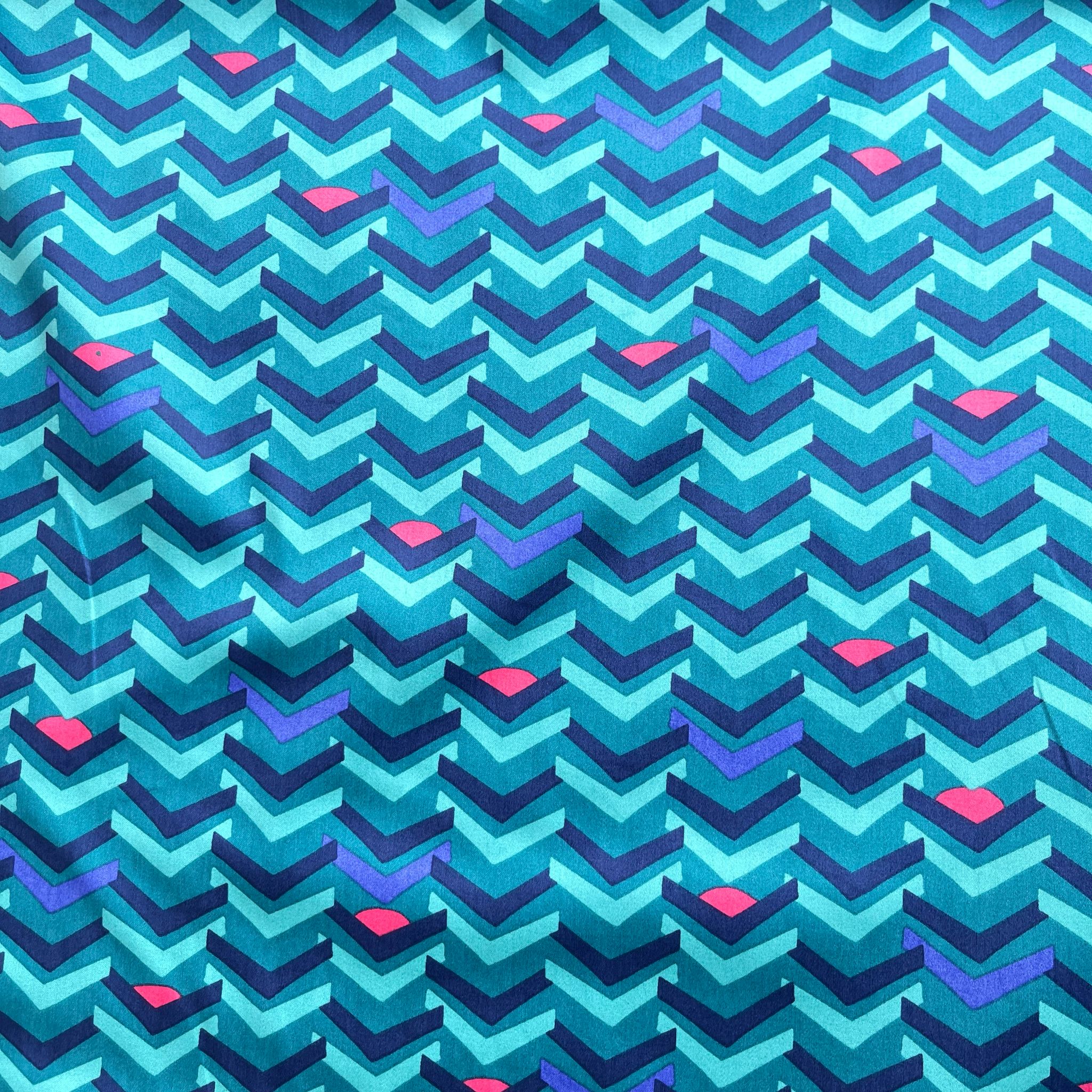 Abstract Teal Chevrons Cotton Sateen Fabric