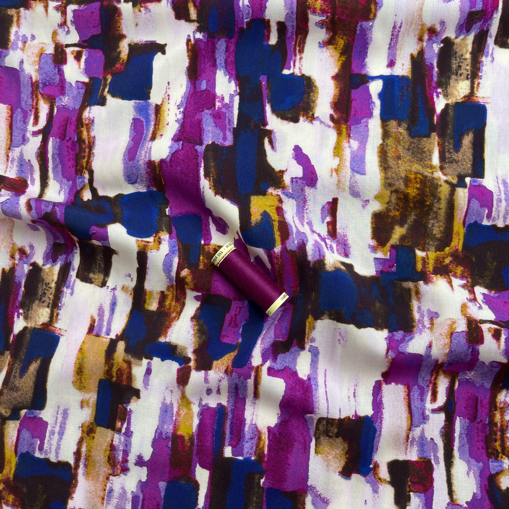 REMNANT 1.52 Metres - Abstract Smudges Purple Viscose Fabric