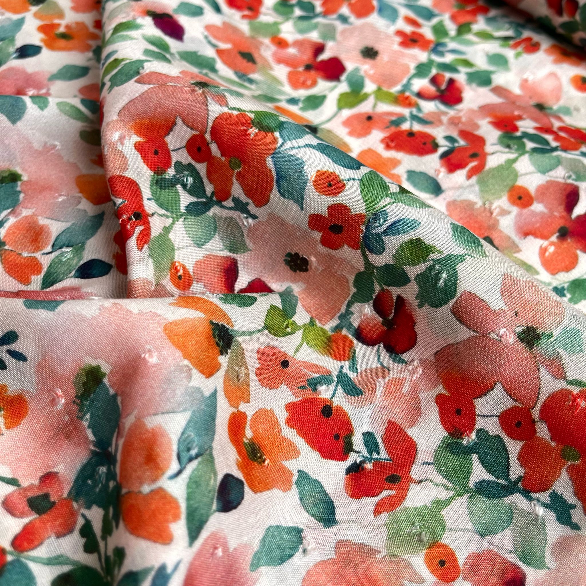 Poppy Field Blossoms on White Dobby Viscose Fabric