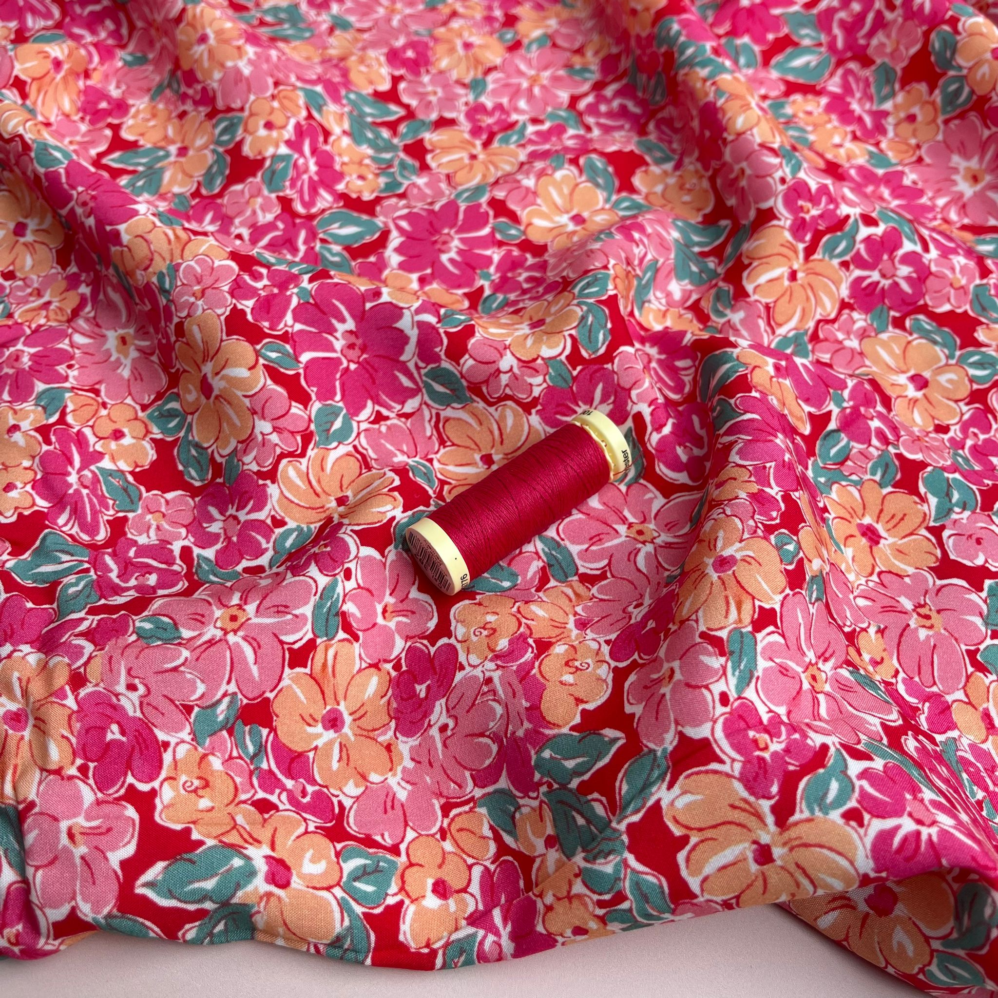 REMNANT 0.6 Metre - Meadow Flowers in Pink and Peach Viscose Fabric