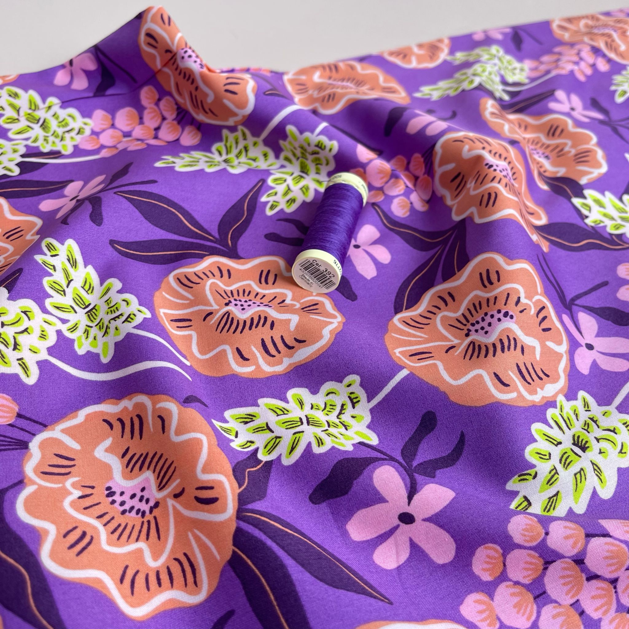 Nerida Hansen - Fresh Flowers on Purple Cotton Poplin Fabric