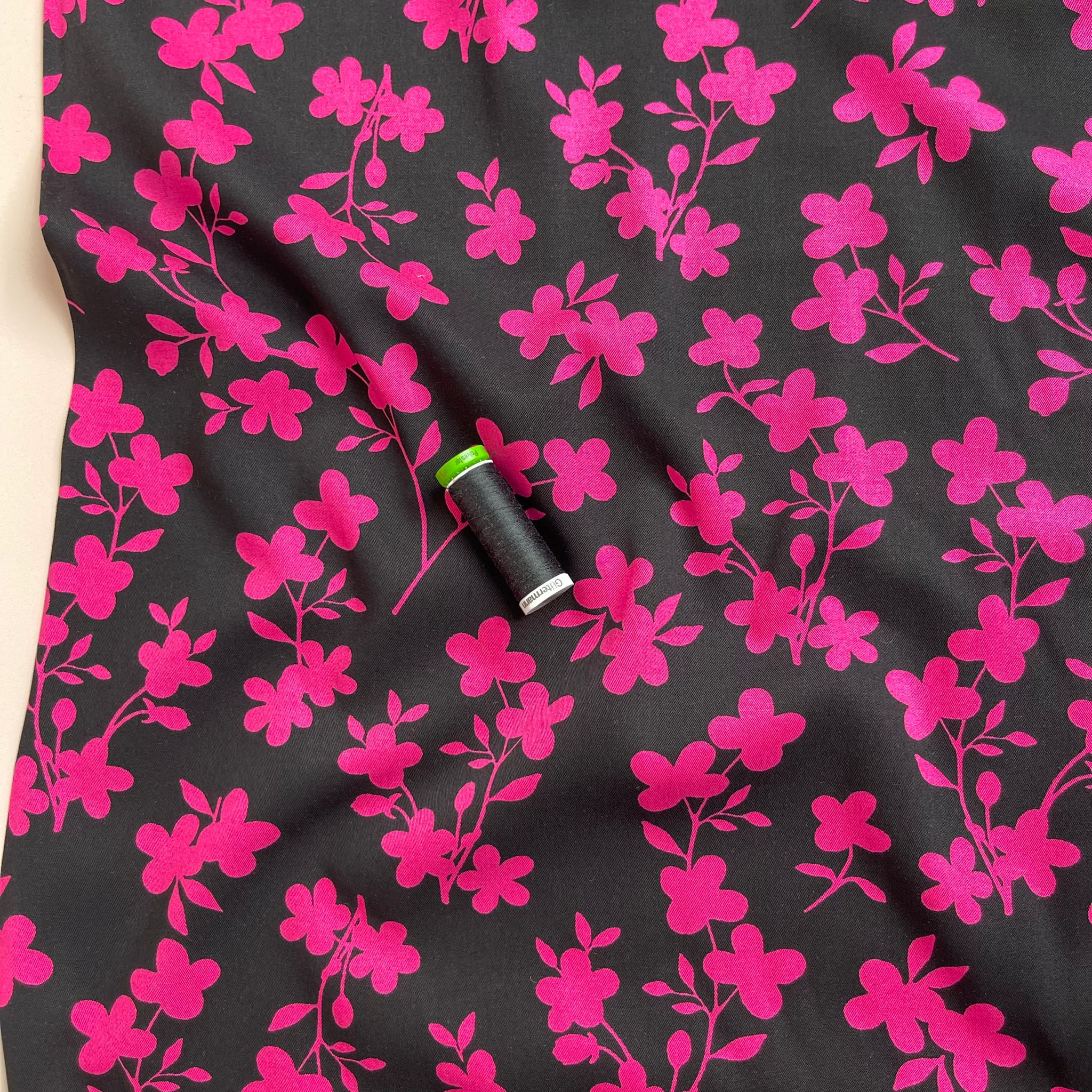 Rosella Shadow Flowers Fuchsia Viscose Twill with Stretch