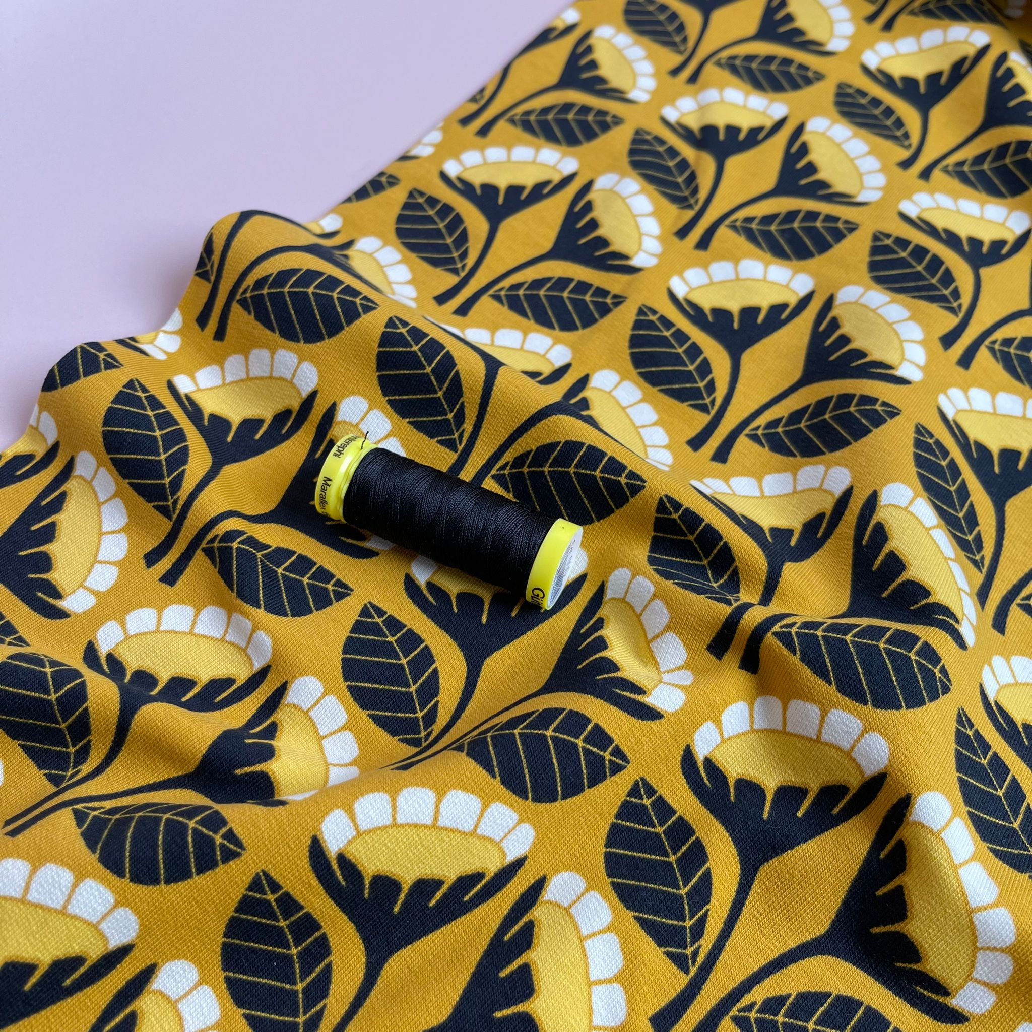 Monochrome Flowers on Yellow Cotton French Terry