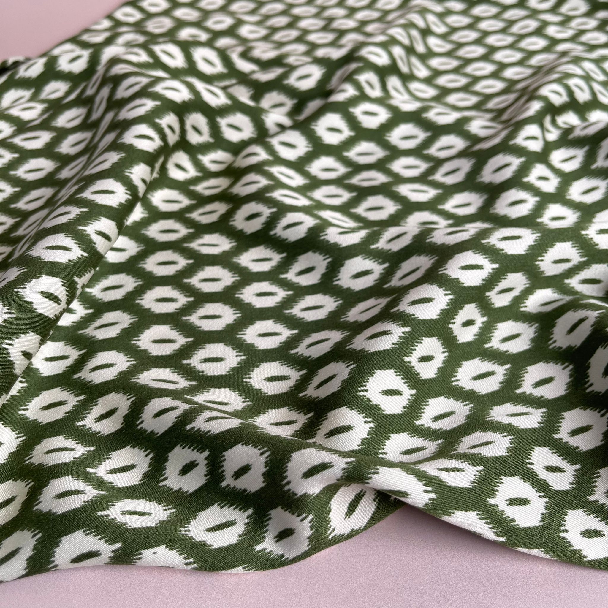 Abstract Rhombus on Olive Viscose Twill Sateen Fabric