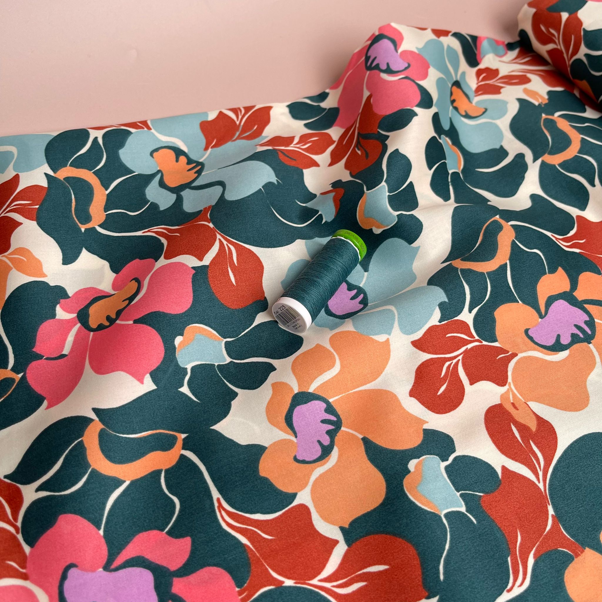 Abstract Coral and Blue Blooms Cotton Sateen Fabric