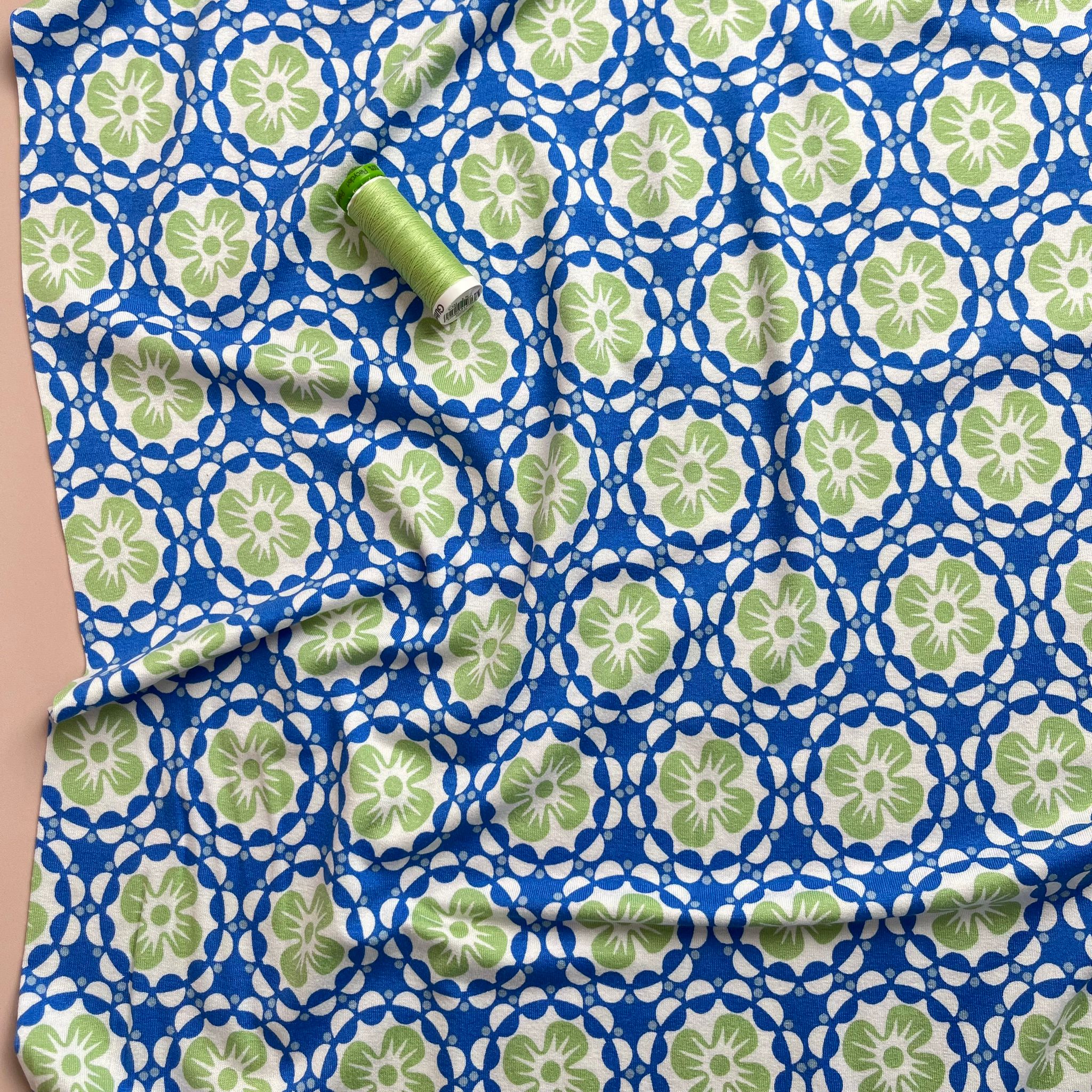 Mosaic Flowers in Green and Blue Viscose Jersey Fabric