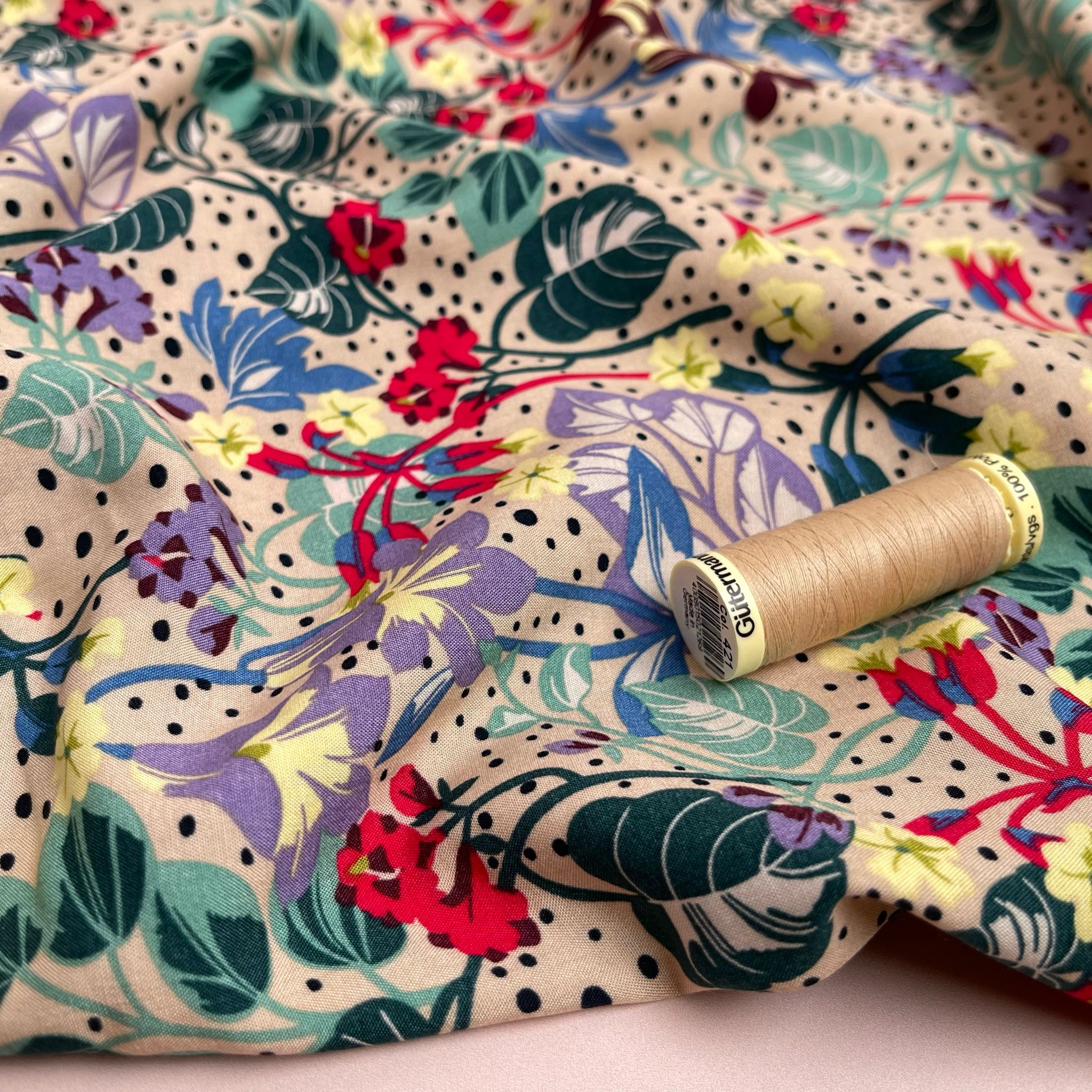 Tropical Foliage on Sand Viscose Fabric