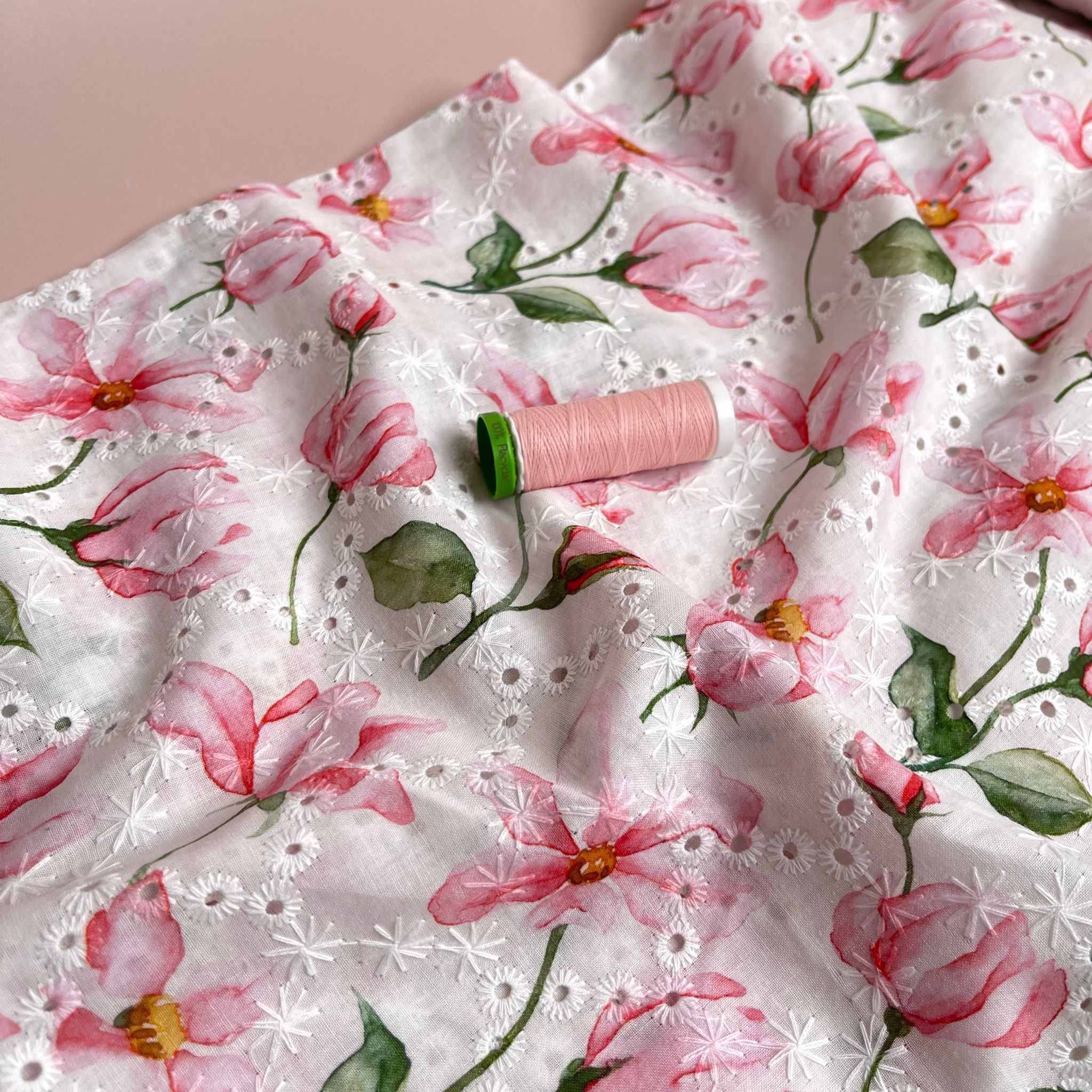 Pink Painted Flowers Cotton Broderie Anglaise