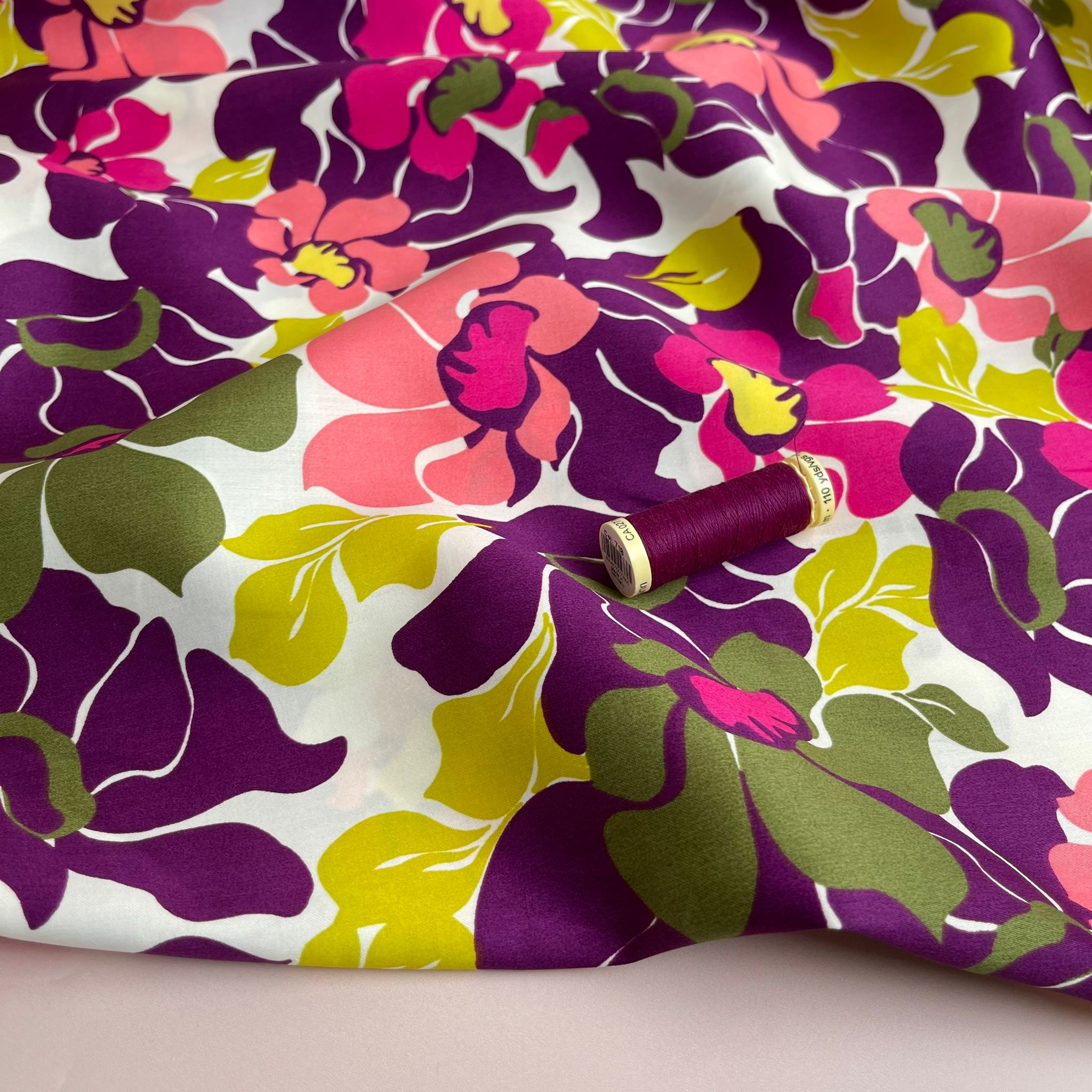 Abstract Green and Purple Blooms Cotton Sateen Fabric