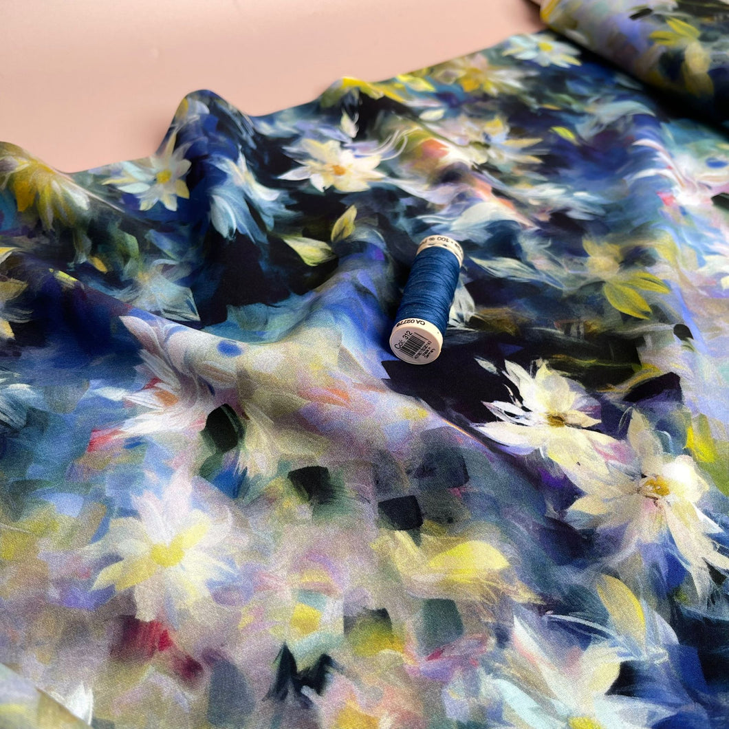 PRE-ORDER Watercolour Florals Cobalt Viscose Poplin Fabric (arriving by mid May)