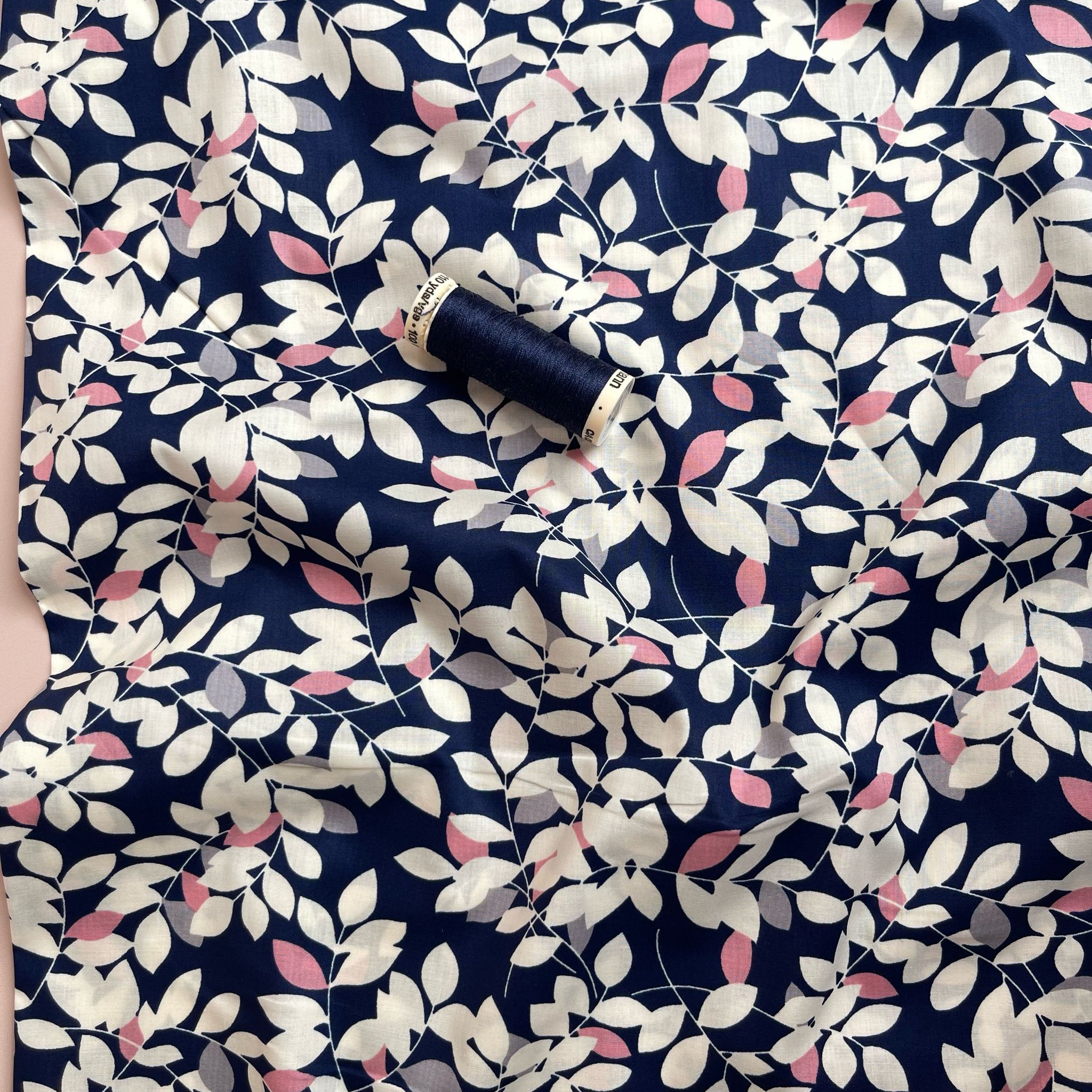 White Foliage on Navy Cotton Lawn Fabric