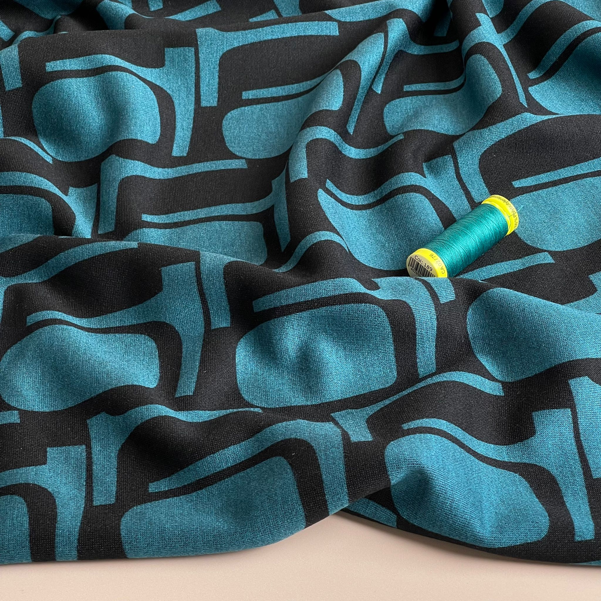 Abstract Shapes in Petrol Soft Ponte Interlock Jersey Fabric