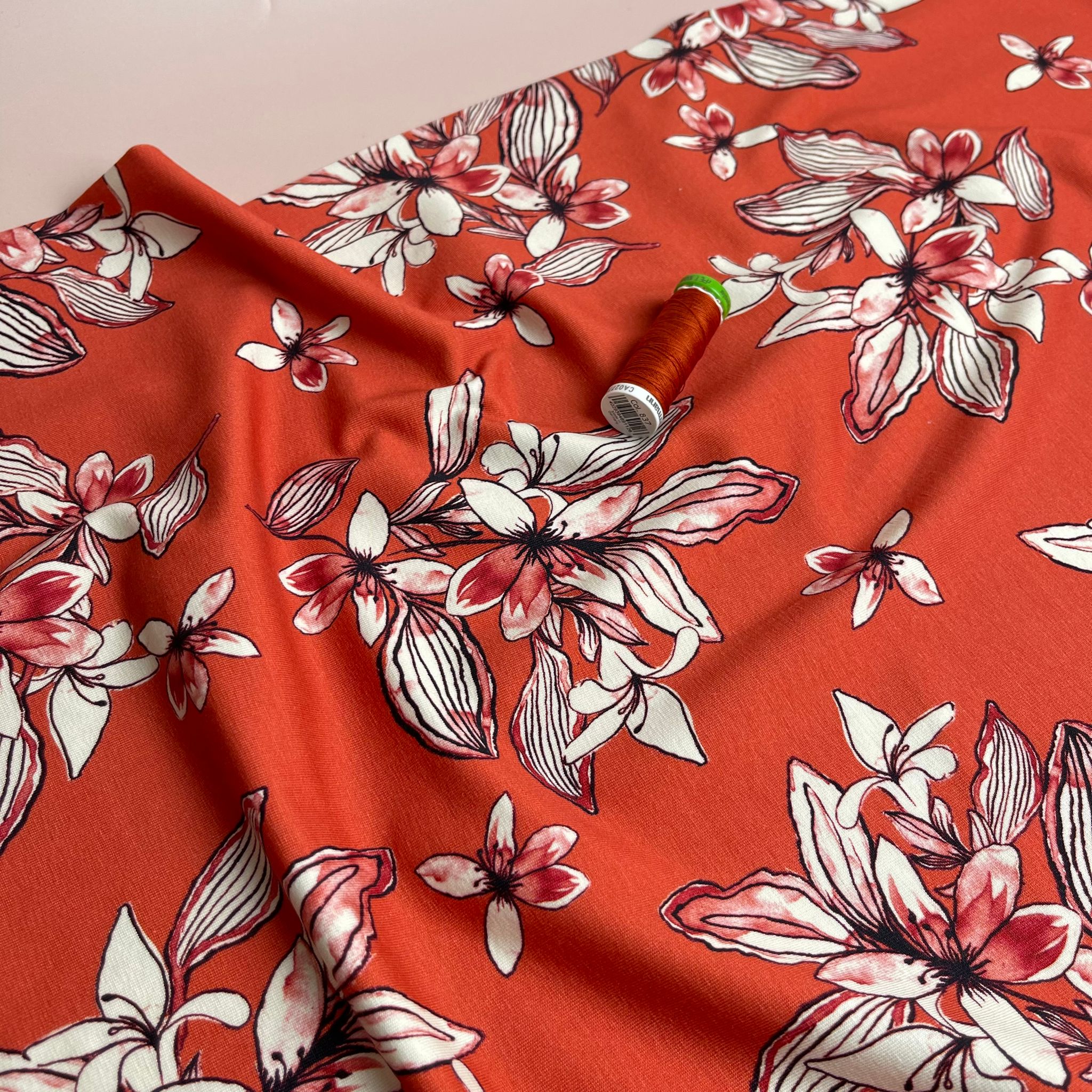 REMNANT 0.99 Metre - Danish Design - Watercolour Blossoms on Rust Cotton Jersey Fabric