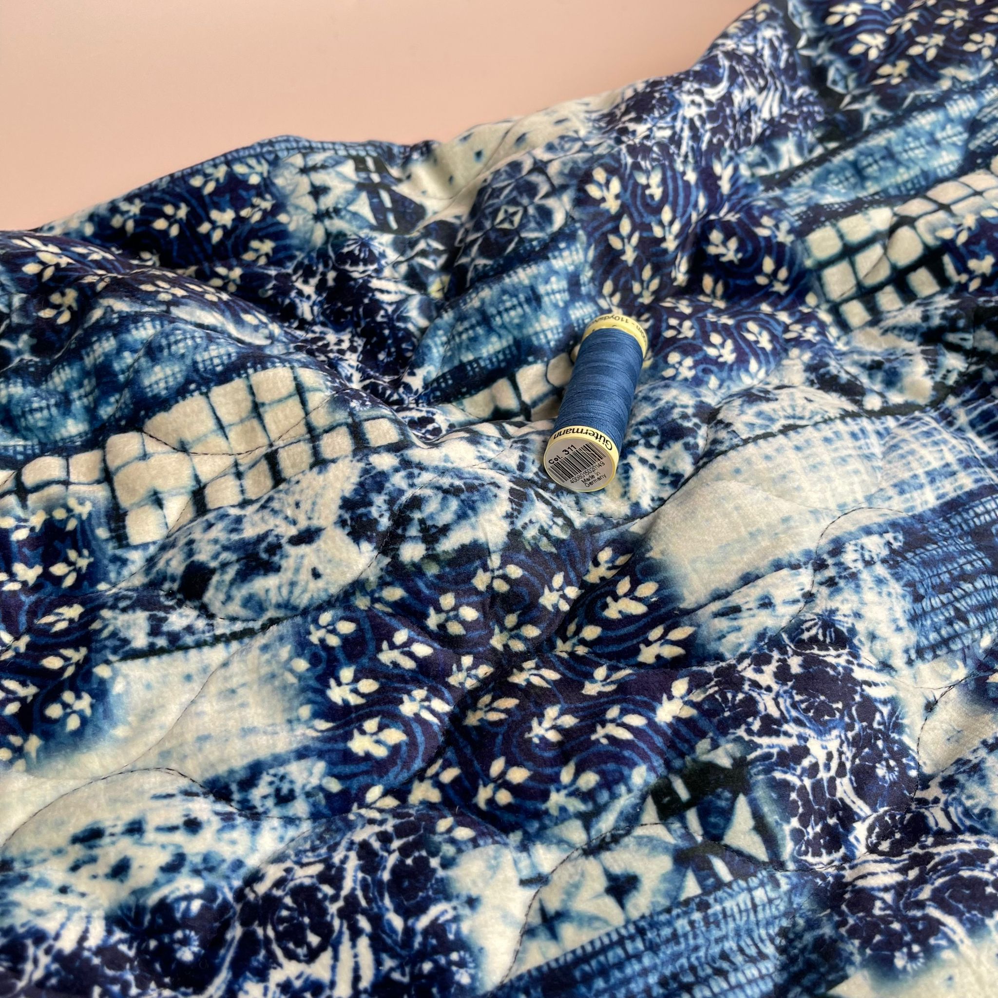 REMNANT 1.03 Metres - Patchwork Navy Blue Quilted Velvet Fabric