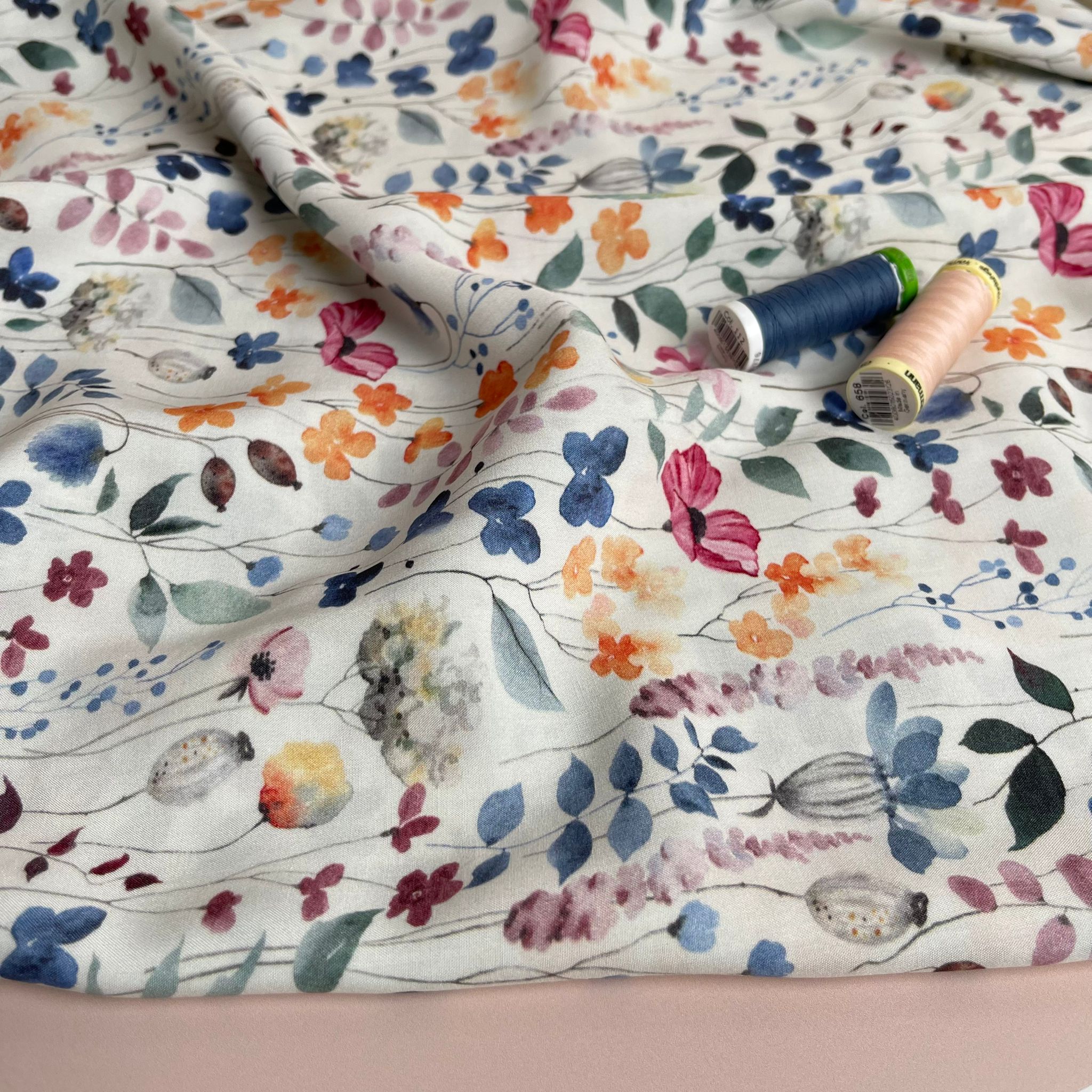 Delicate Watercolour Wildflowers on Off-White Viscose Fabric