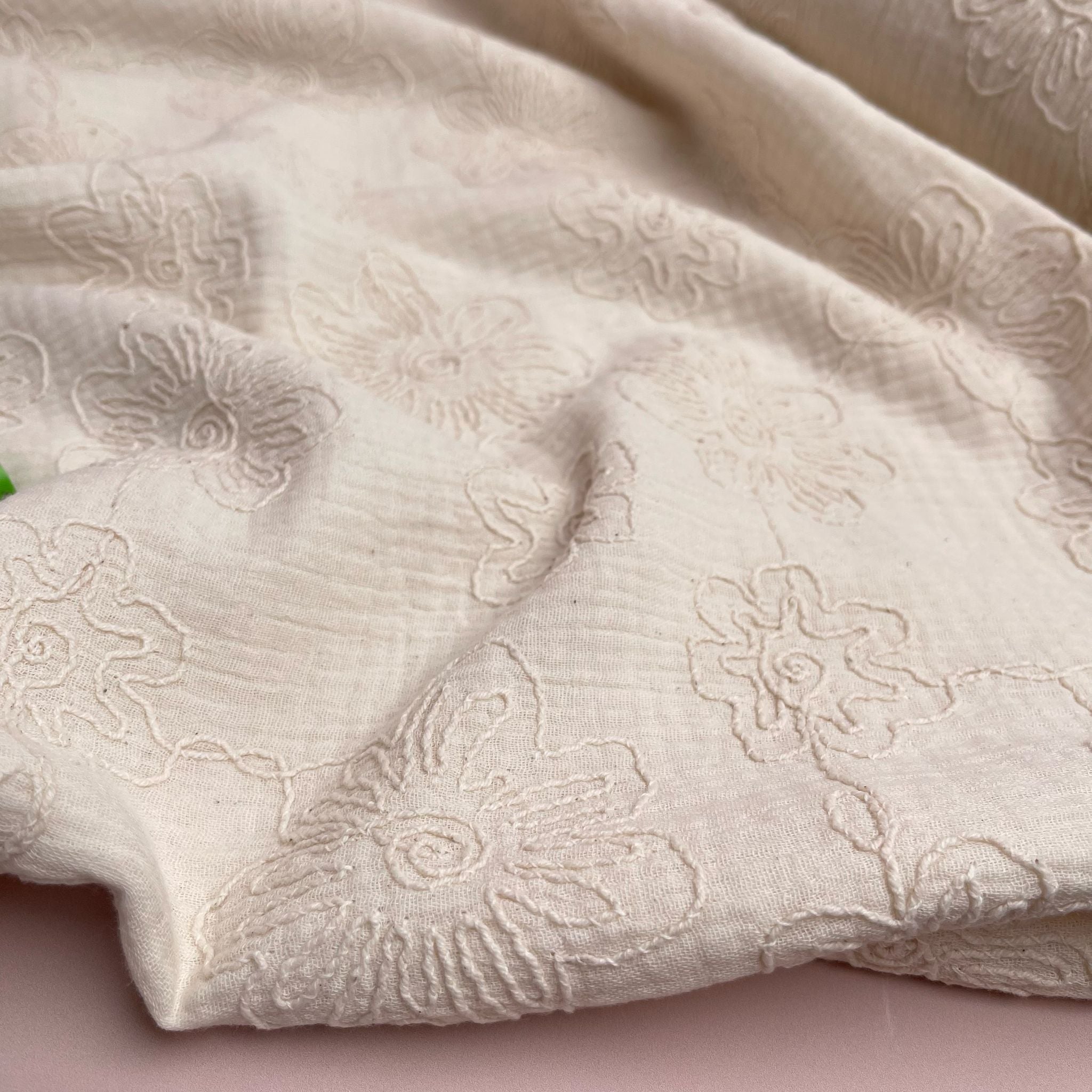 Embroidered Blooms on Neutral Beige Cotton Double Gauze