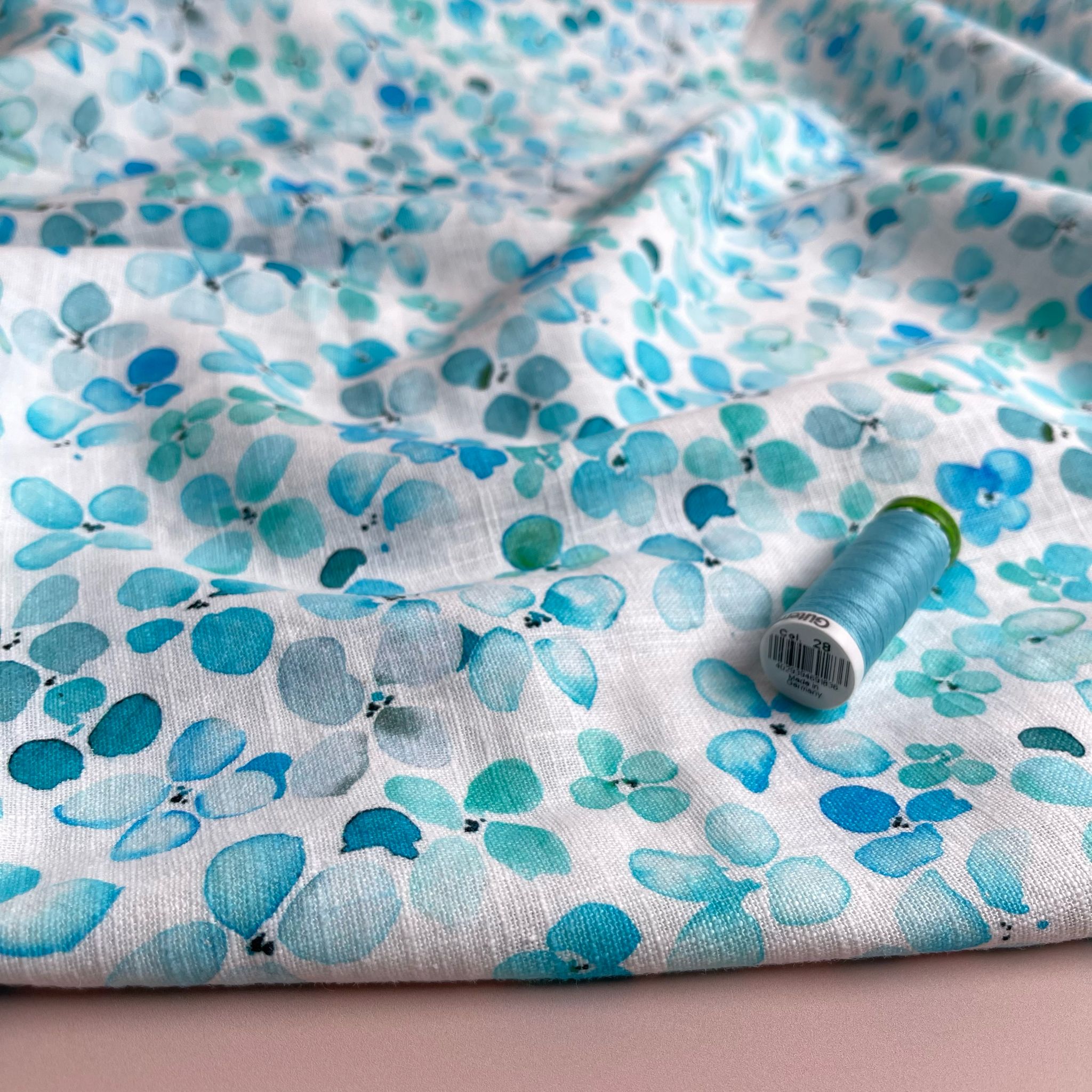 Turquoise Spring Petals on Pure Washed Linen Fabric