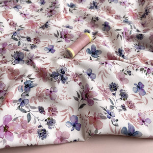 Lilac Watercolour Flowers on White GOTS Organic Cotton Jersey