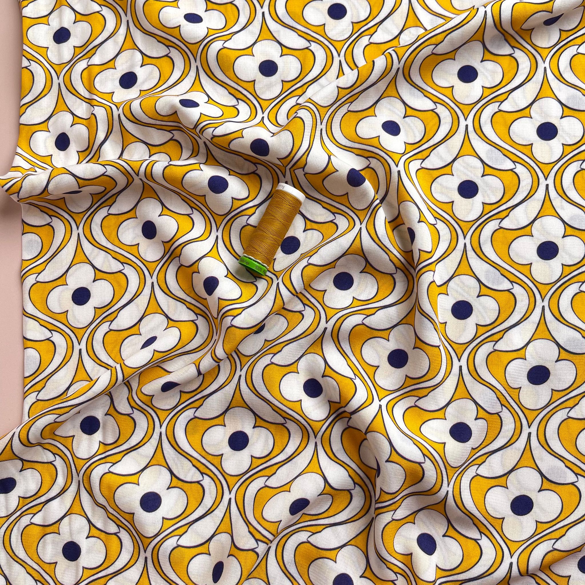 Groovy Flowers on Yellow Viscose Fabric