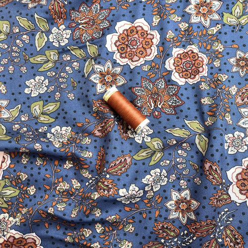 Autumn Paisley Flowers on Blue Viscose Twill Fabric