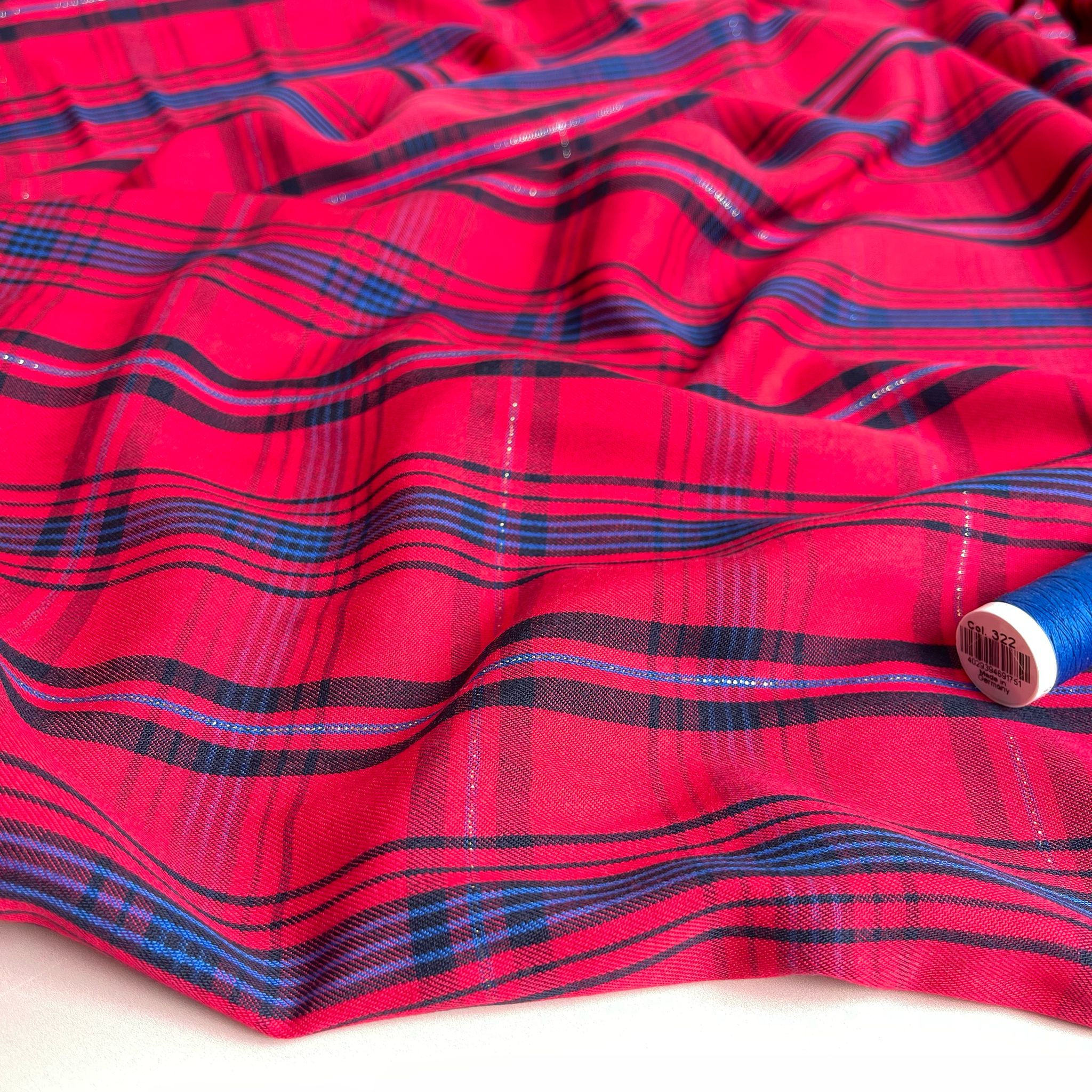 Ex-Designer Deadstock Red Sparkle Check Cotton Viscose Fabric