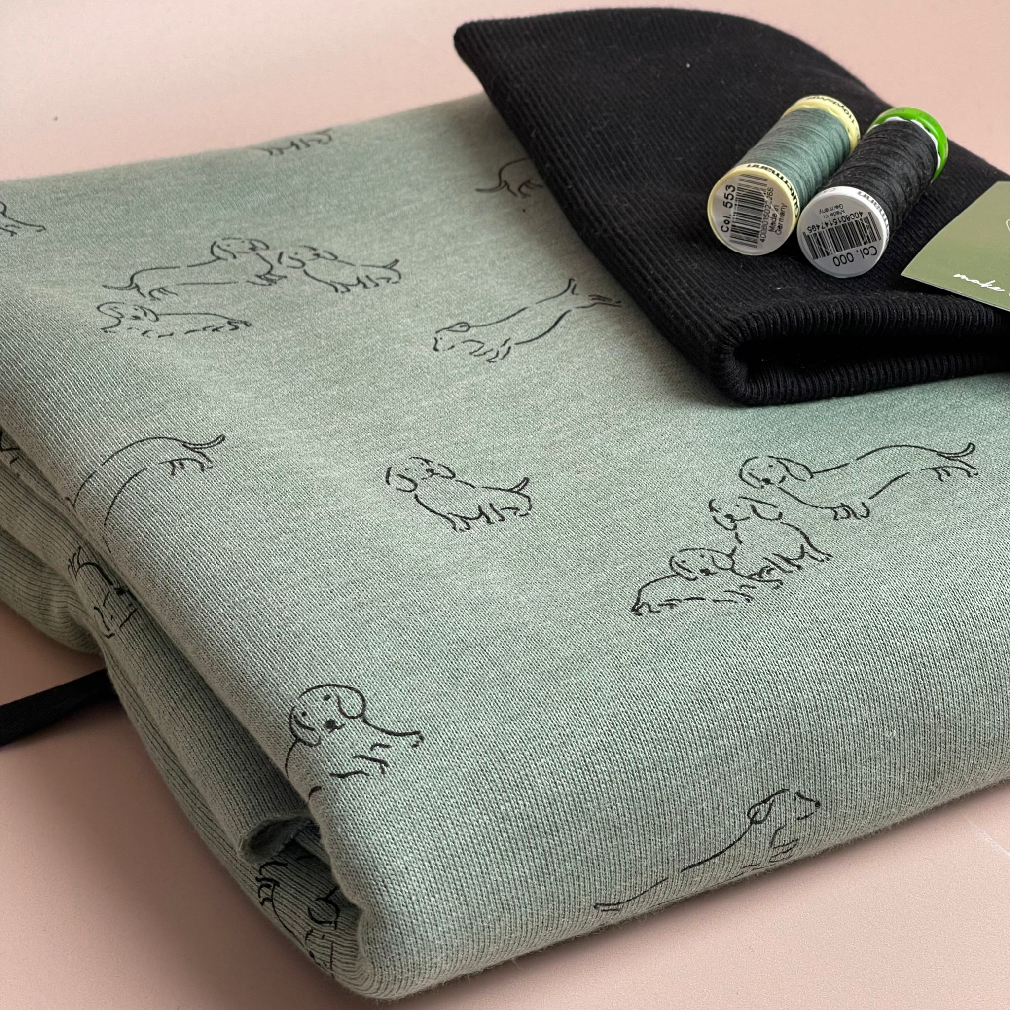 Colour Bundles - Sausage Dogs on Mint Melange Fleecy Sweatshirting and Ribbing