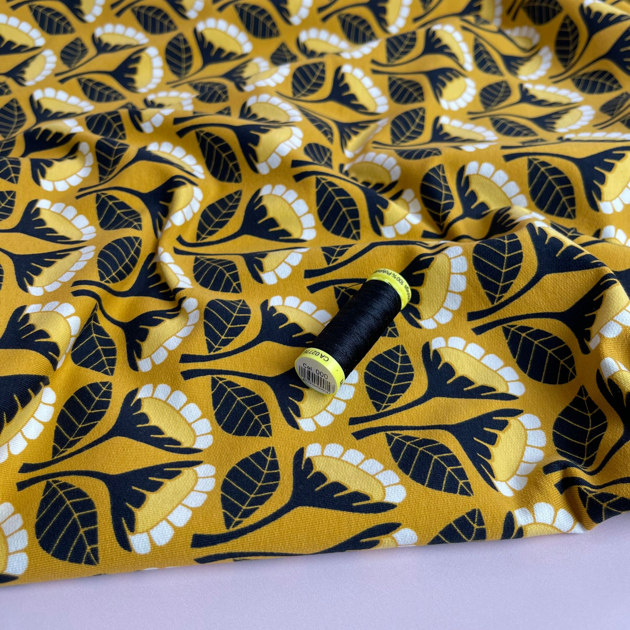 REMNANT 2.11 Metres - Monochrome Flowers on Yellow Cotton French Terry