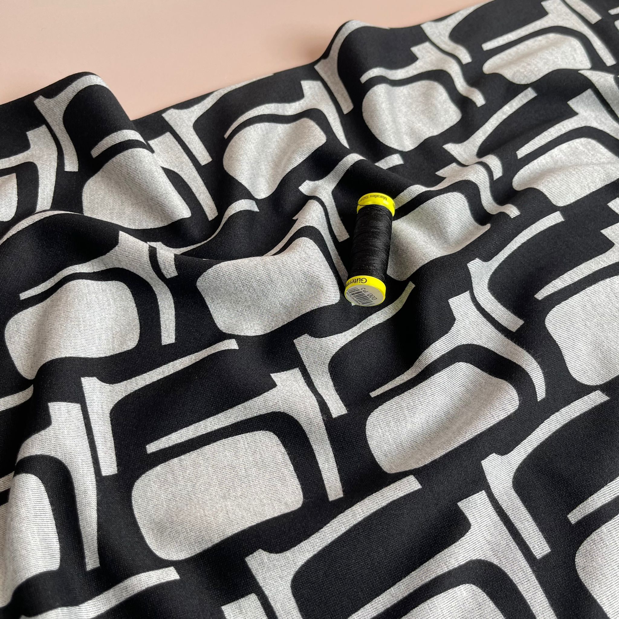 Abstract Shapes in Grey Soft Ponte Interlock Jersey Fabric