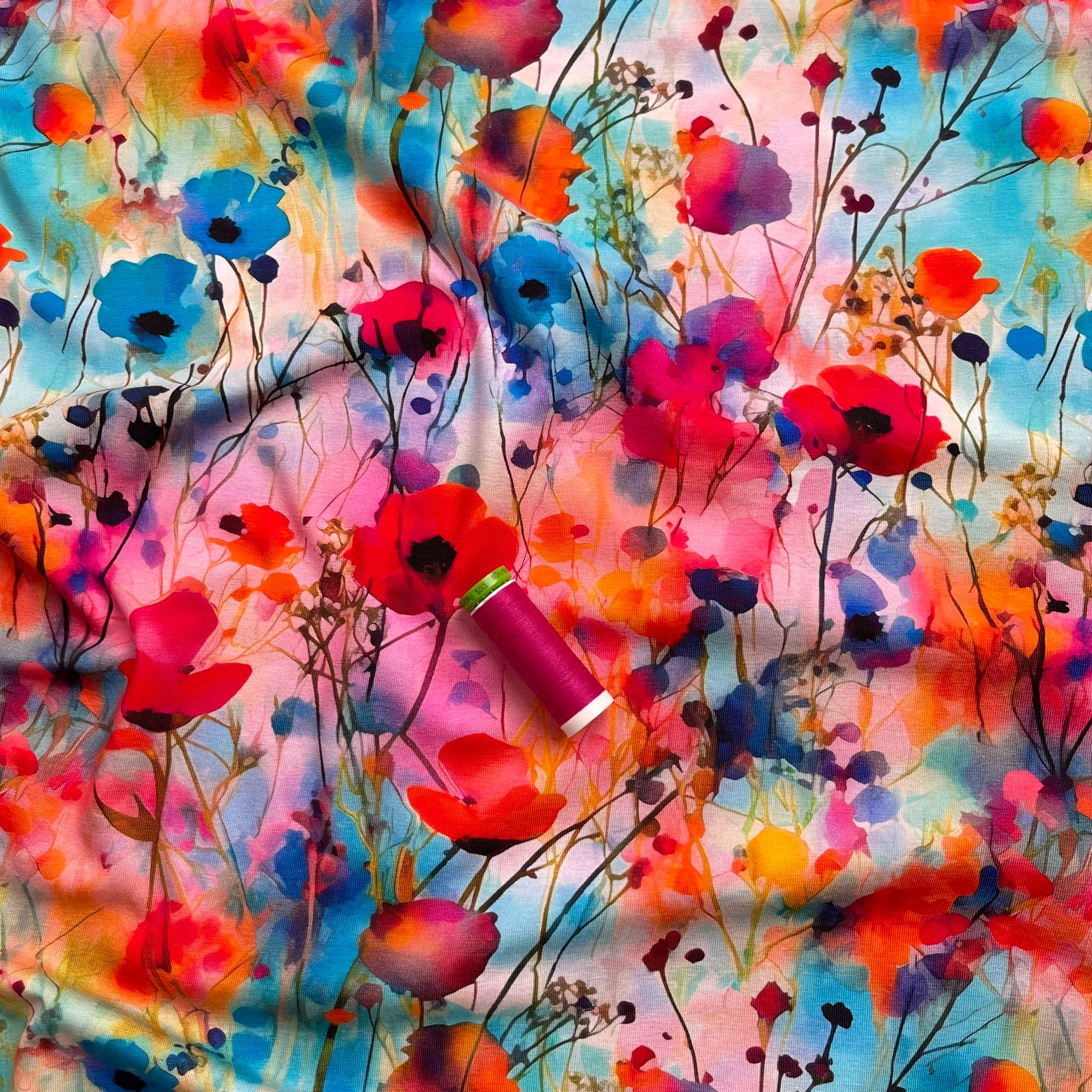 PRE-ORDER (more due by mid November) Danish Design -Vibrant Watercolour Blooms Cotton Jersey Fabric