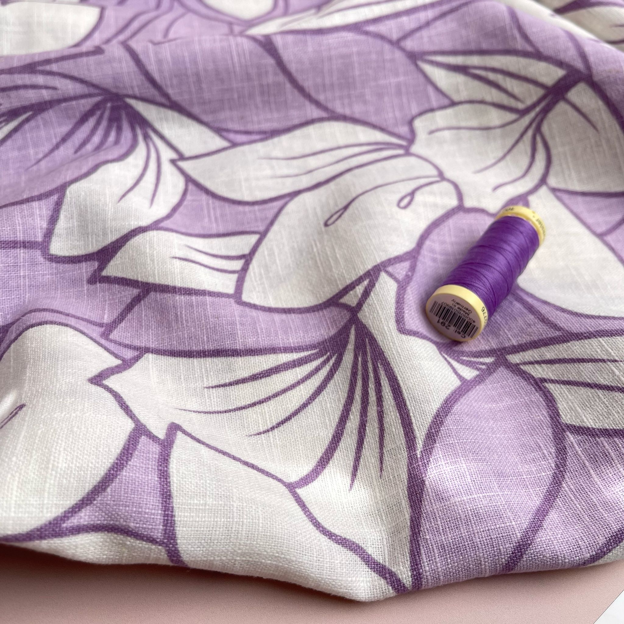 Lilac Leaves on Pure Washed Linen Cotton Fabric