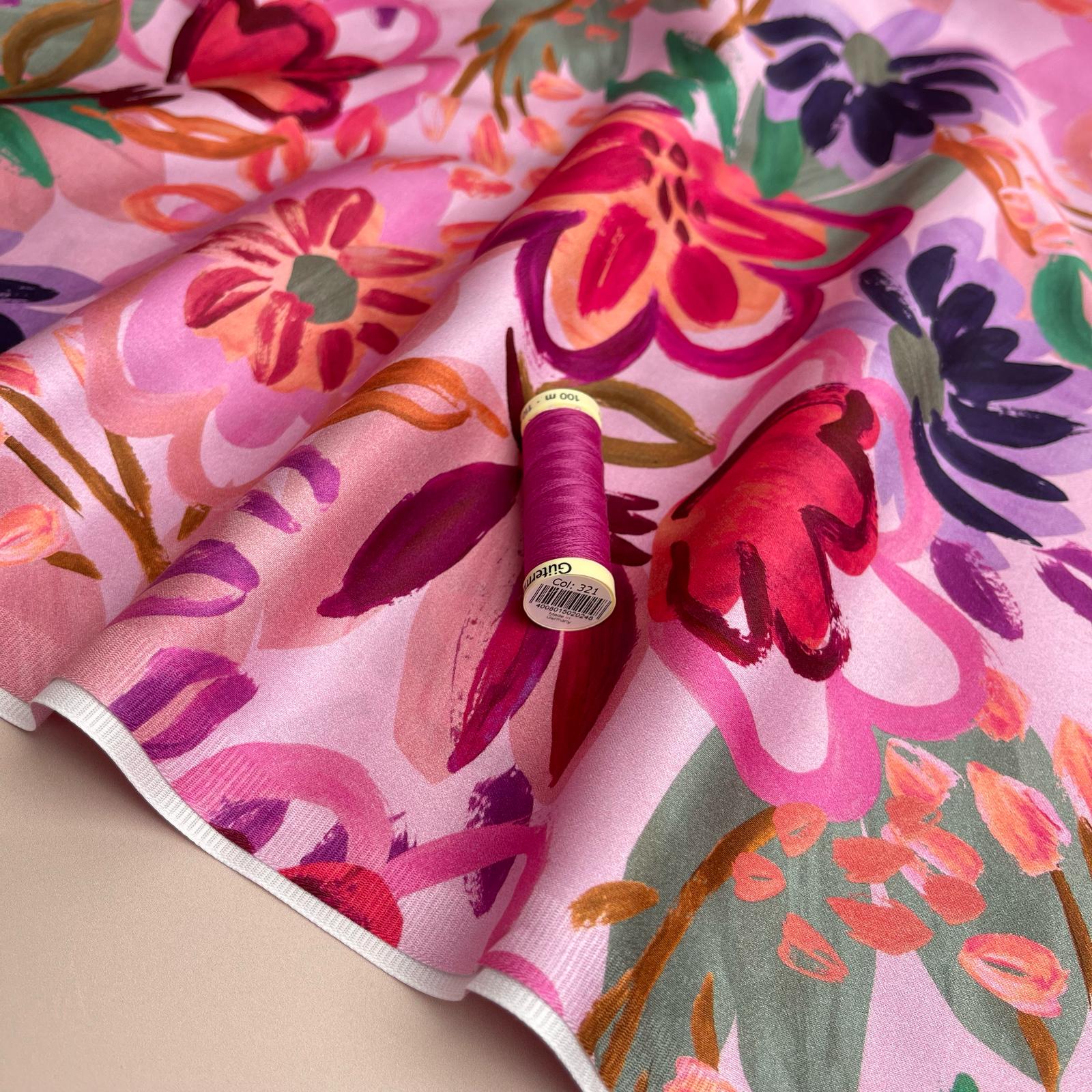 Painted Spring Garden on Pink Cotton Sateen Fabric