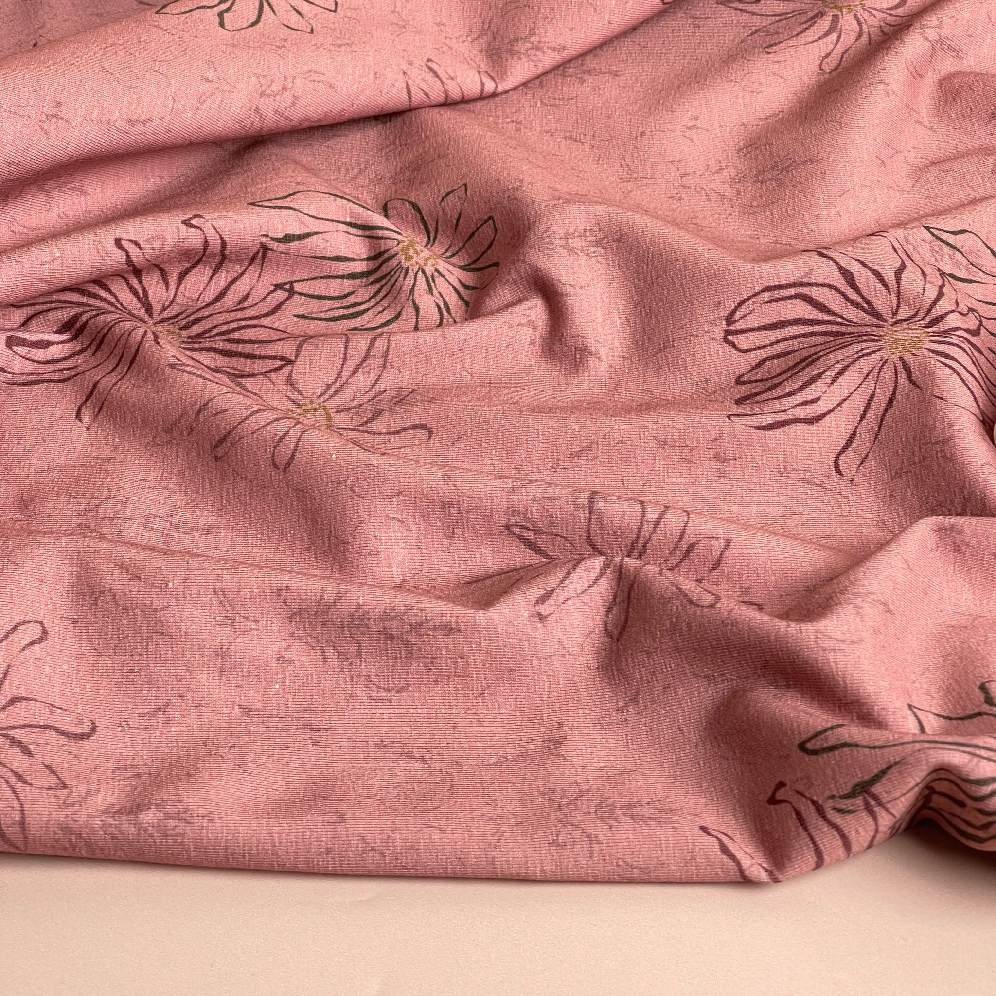 Danish Design - Floral Outline on Clay Pink Cotton Jersey Fabric