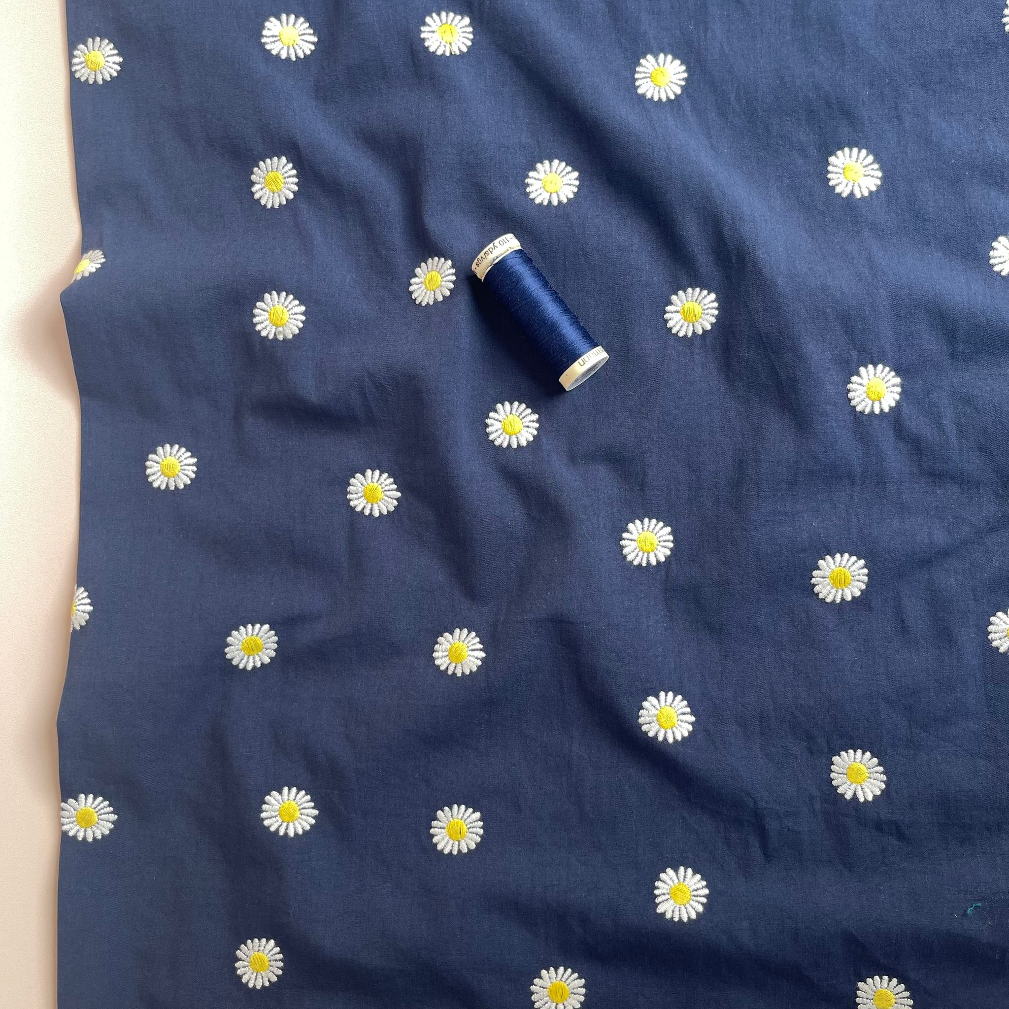 Embroidered Daisies on Navy Cotton Poplin