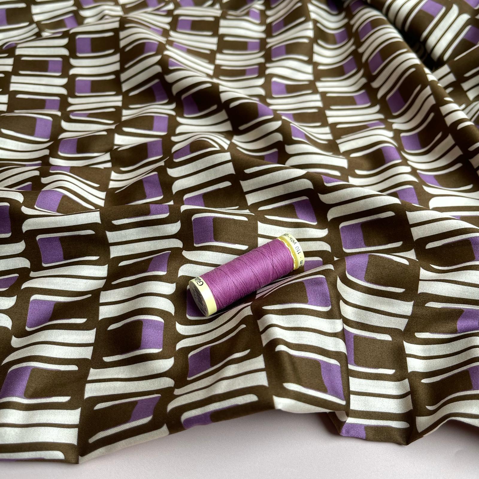 Deadstock Brown and Purple Geo Cotton Sateen Fabric