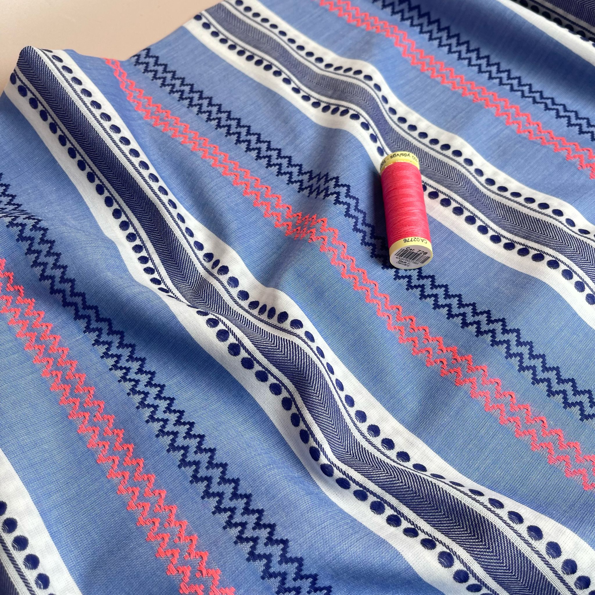 Yarn Dyed Embroidered Stripes on Blue Cotton Fabric