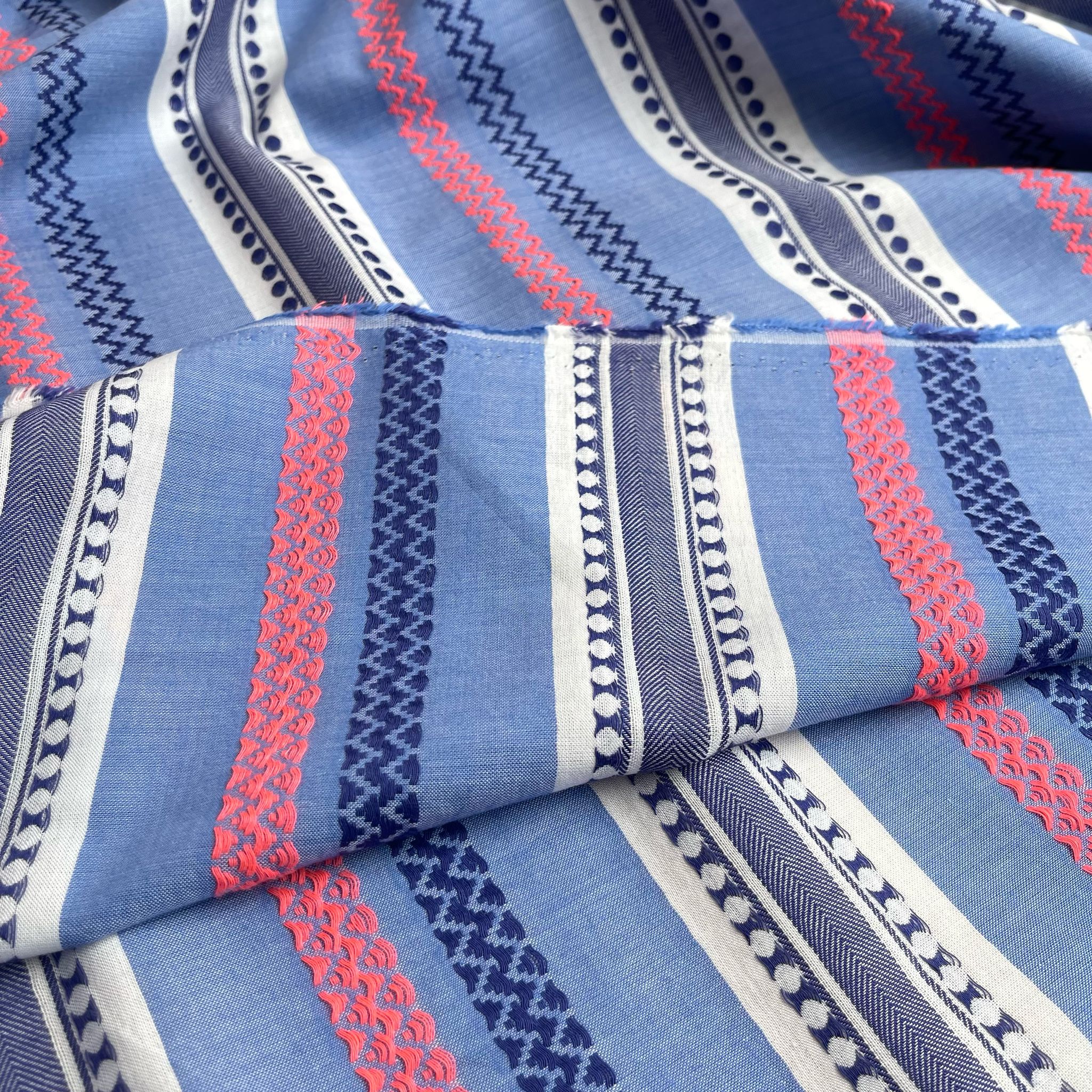 Yarn Dyed Embroidered Stripes on Blue Cotton Fabric