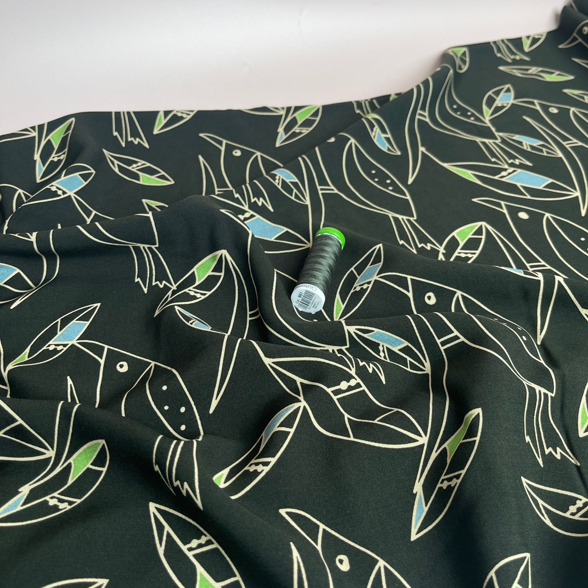 Graphic Birds Blue and Green on Dark Olive Green Viscose Poplin Fabric