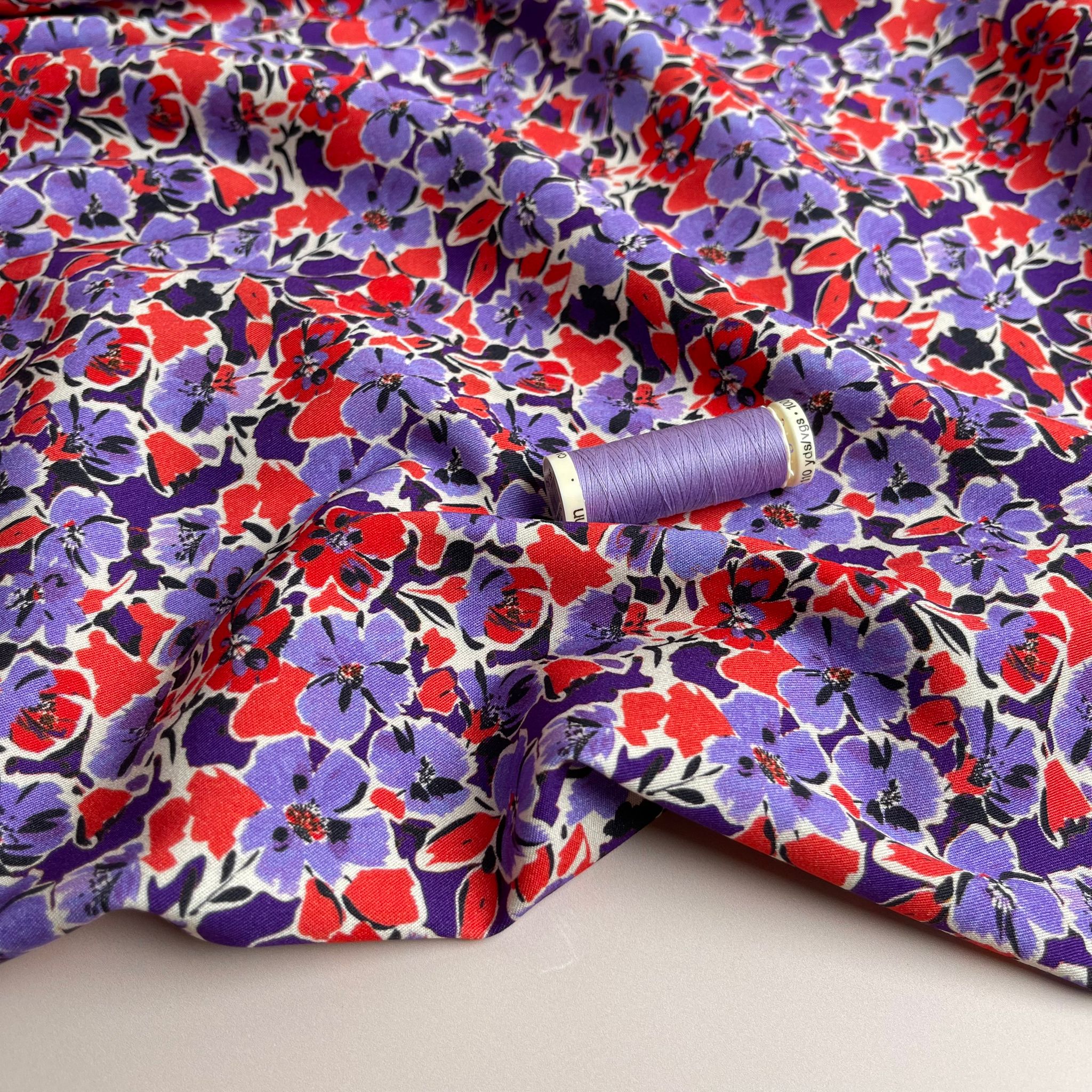 Rosella Primrose in Purple and Red Viscose Twill with Stretch