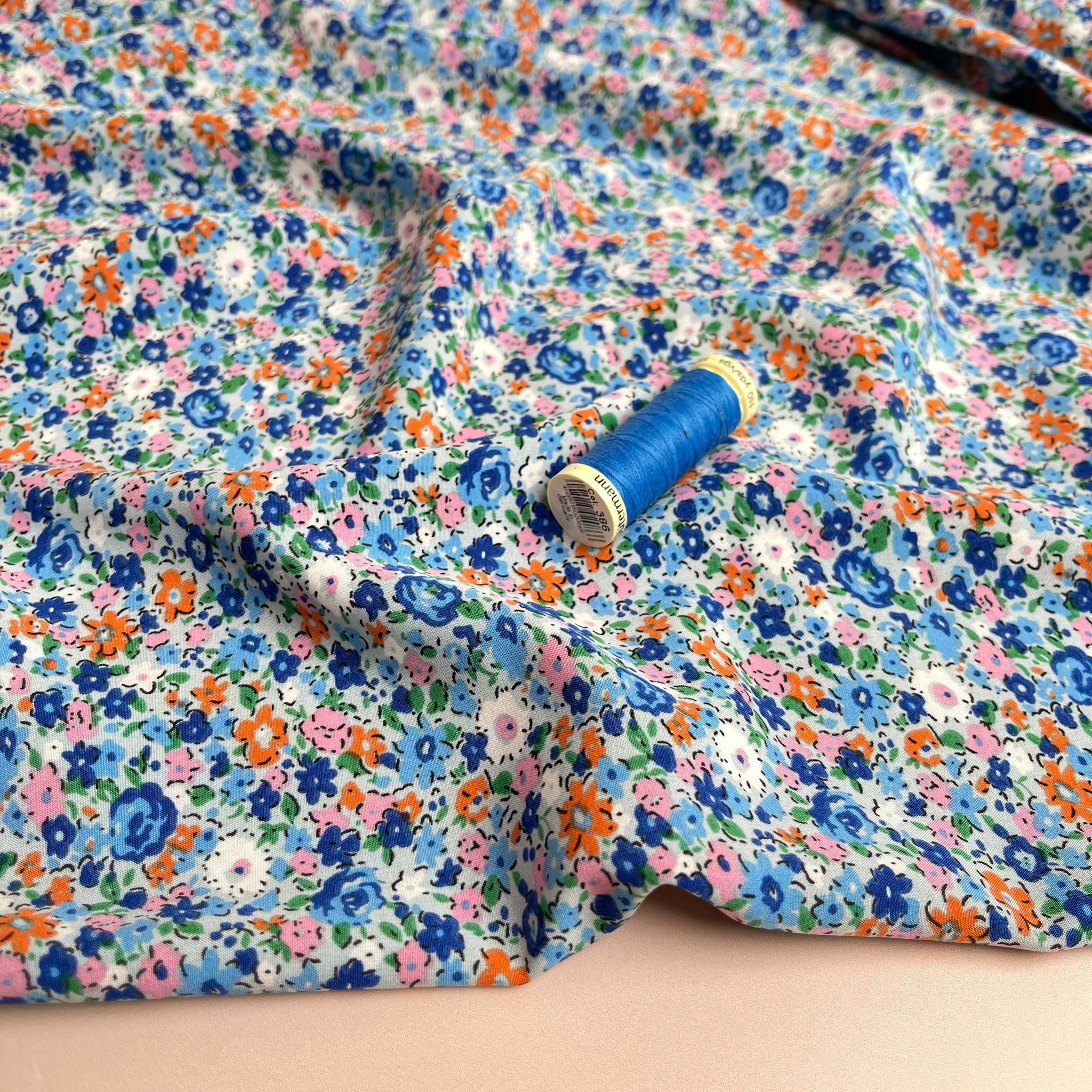 Ditsy Blue Meadow Stretch Polyester Fabric