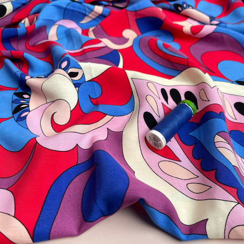 Retro Floral in Red and Cobalt Viscose Poplin Fabric