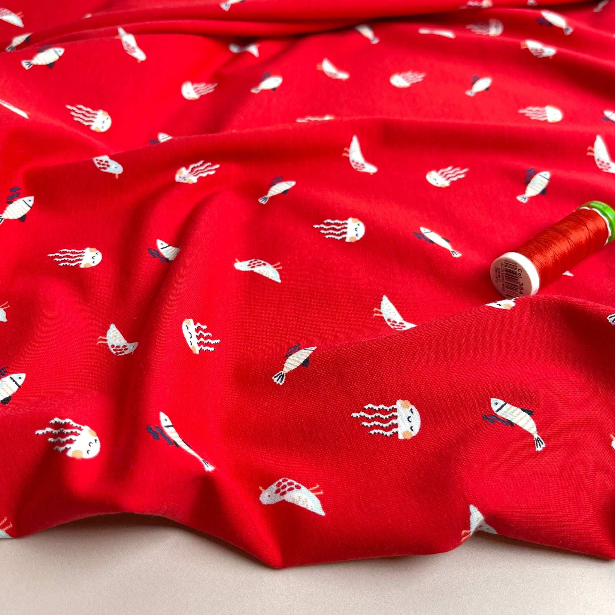 Under The Sea Red Cotton Jersey Fabric