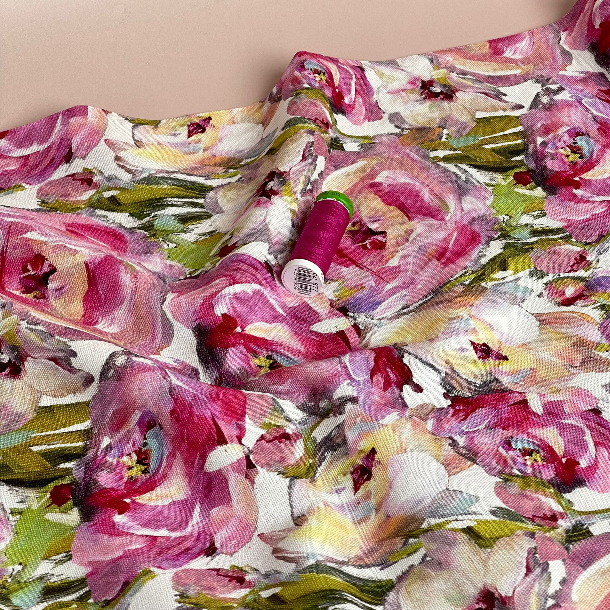 Pink Roses Viscose Linen Fabric