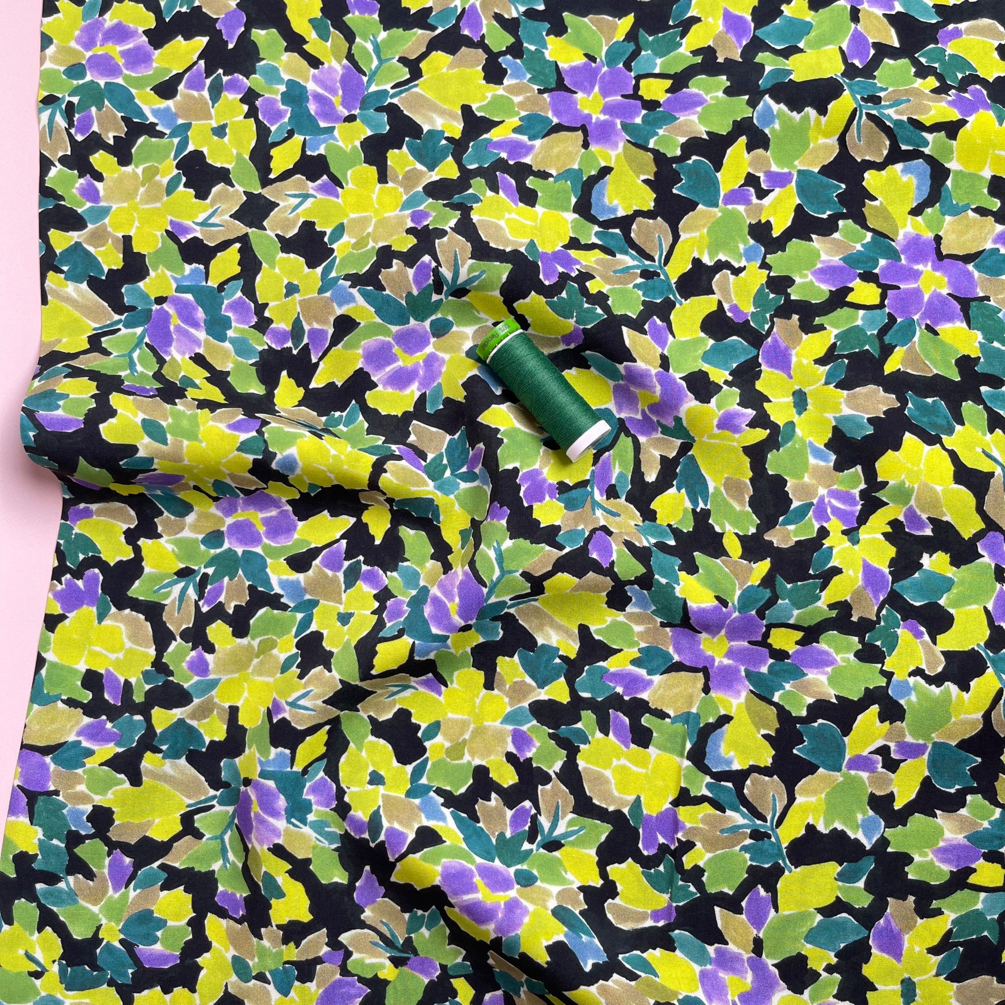 Meadow Flowers in Lime and Purple Viscose Fabric