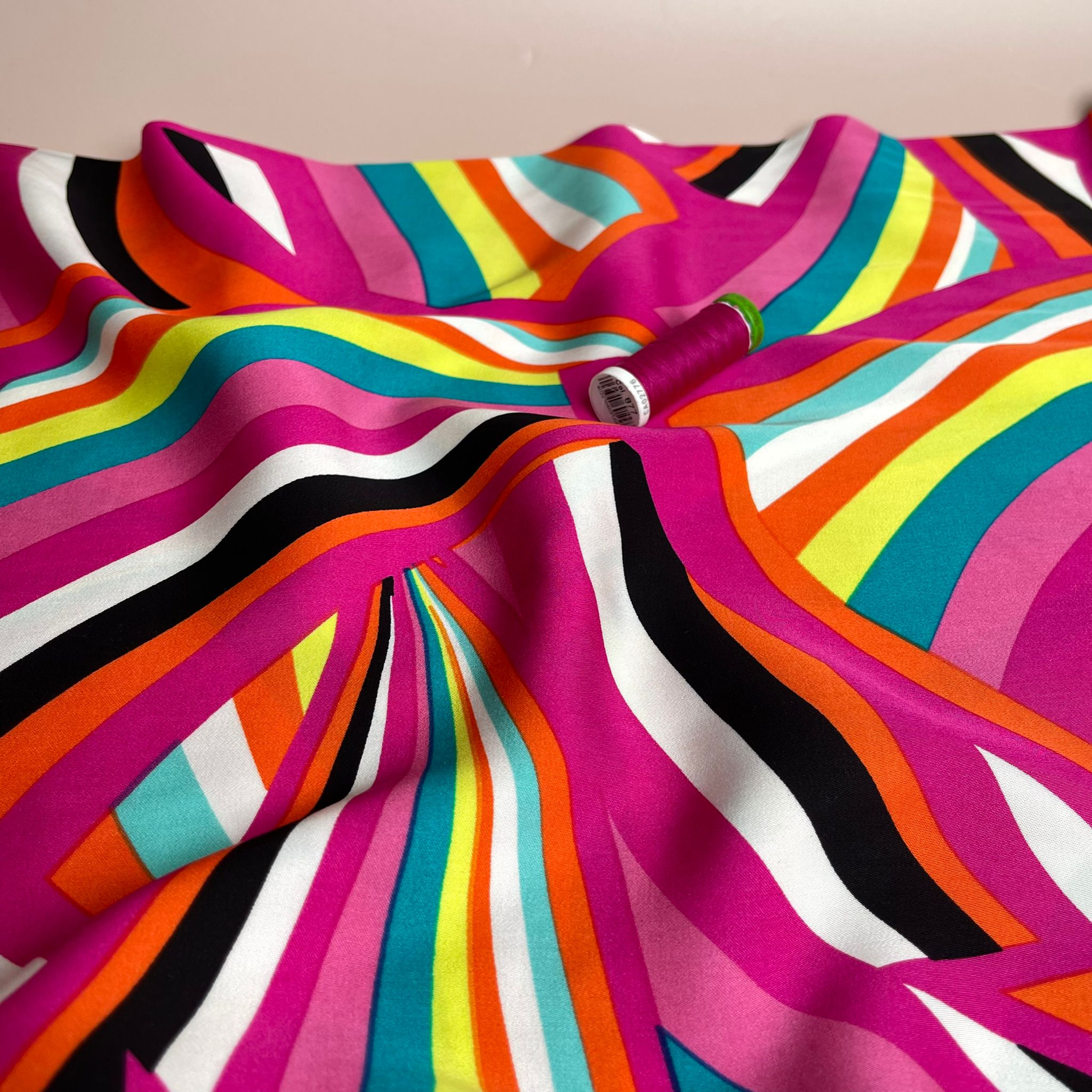 Abstract Rainbows Fuchsia Viscose Sateen Fabric