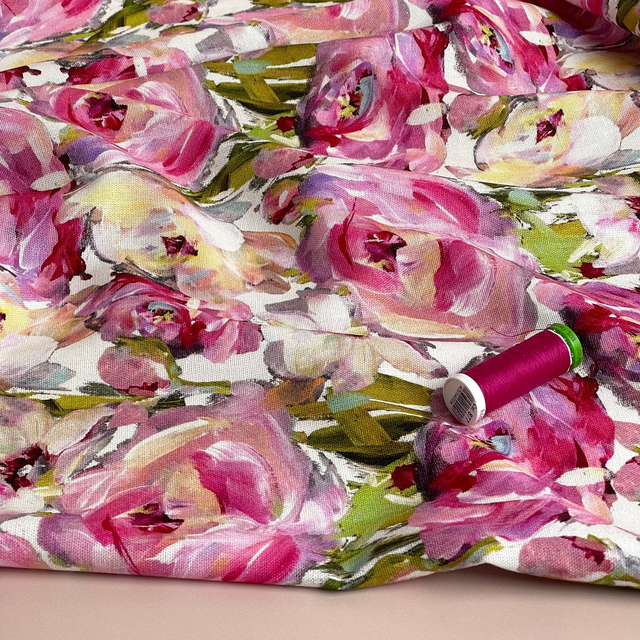 Pink Roses Viscose Linen Fabric