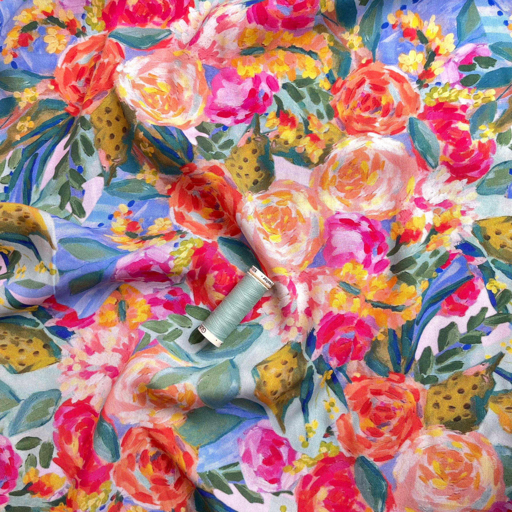 REMNANT 1.20 metres - Painted Peonies Viscose Fabric