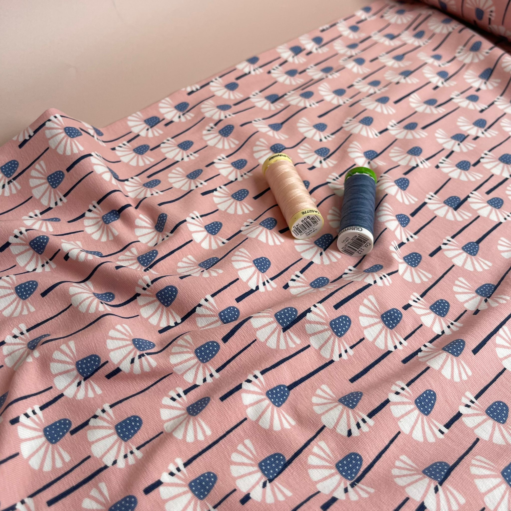 REMNANT 1.66 Metres - Blue Flower on Pink GOTS Organic Cotton Jersey