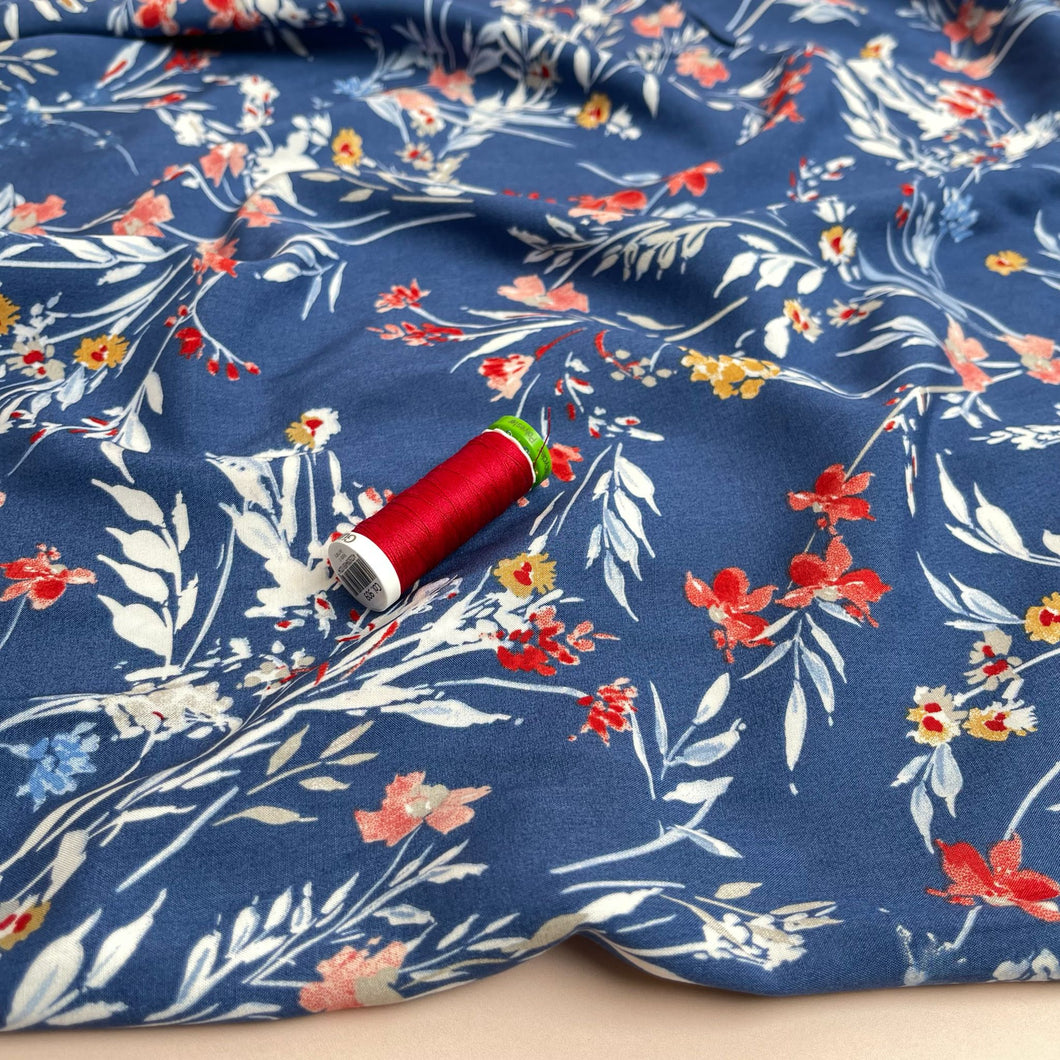 Red Wildflowers on Denim Blue Viscose Fabric