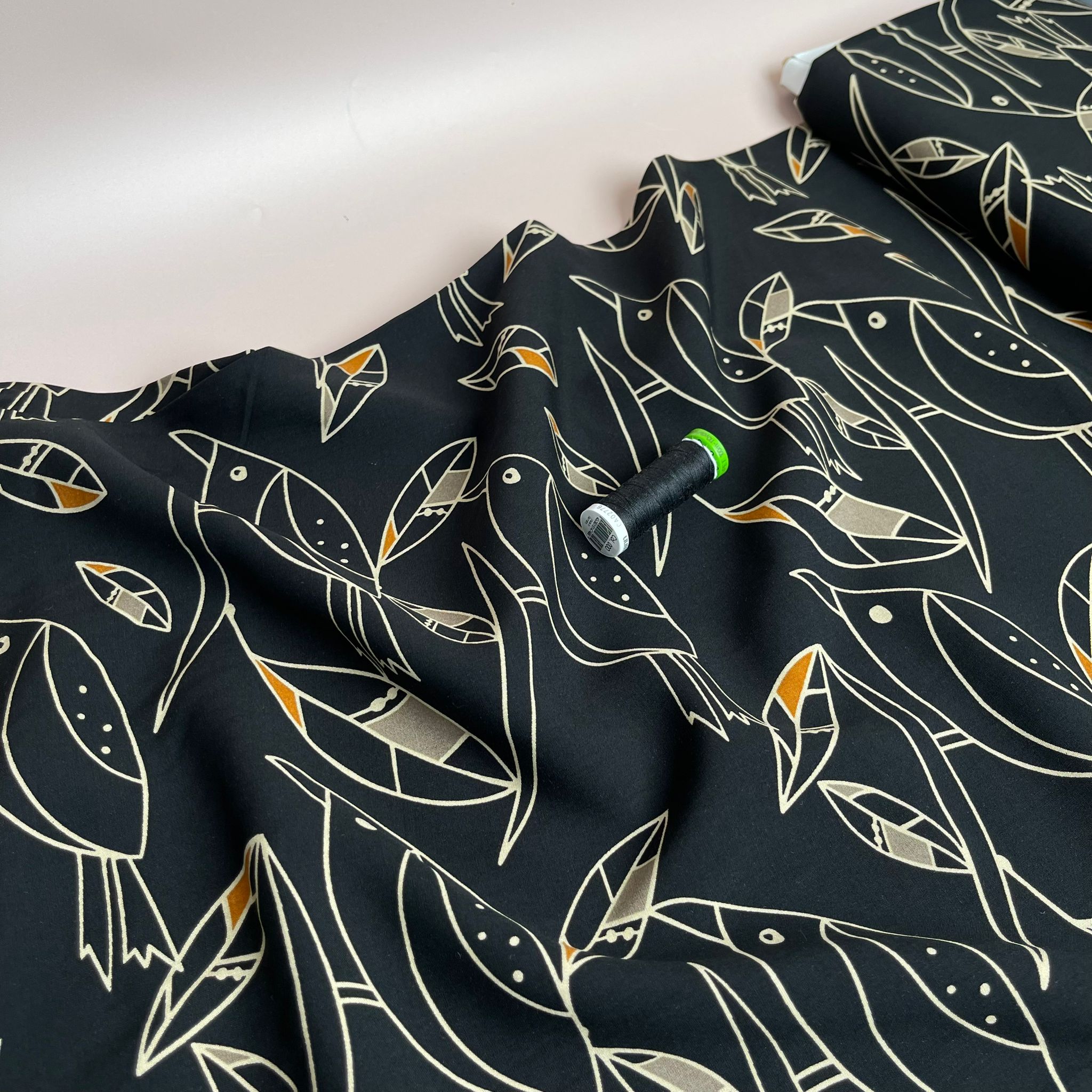 Graphic Birds Orange on Black Viscose Poplin Fabric